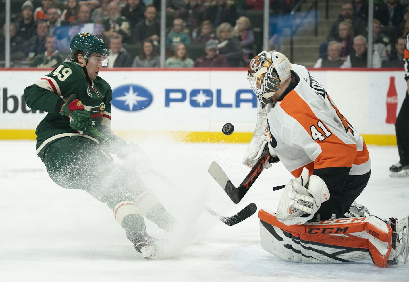 Minnesota Wild center Victor Rask (49) watches for the rebound of his first period shot on Philadelphia Flyers goaltender Anthony Stolarz (41) on Tuesday, February 12, 2019 at Xcel Energy Center in St. Paul, Minn. (Jeff Wheeler/Minneapolis Star Tribune/TNS) ORG XMIT: 1267832