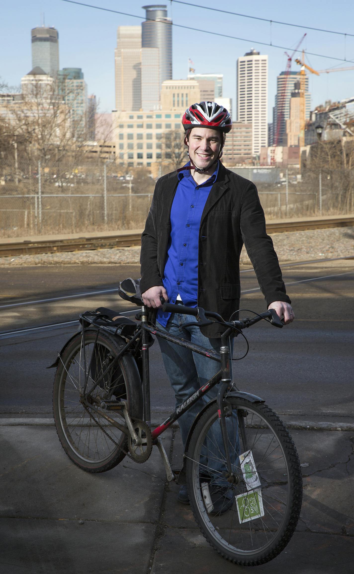 Ethan Fawley, executive director of Minneapolis Bicycle Coalition, poses on the Hiawatha Bike Trail in Minneapolis on Friday, March 13, 2015. ] LEILA NAVIDI leila.navidi@startribune.com /