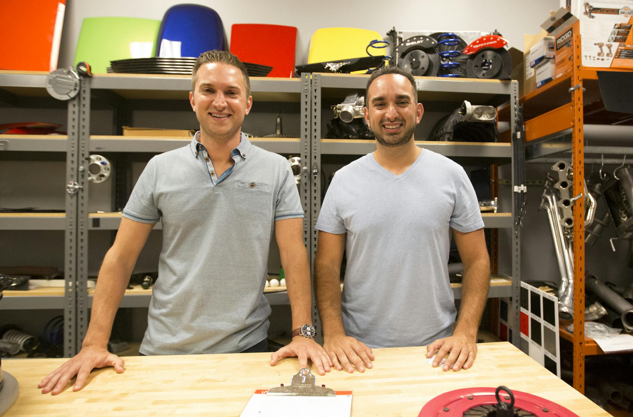 Steve, right, and Andrew Voudouris, founders of Turn5, an automotive e-commerce business, in their headquarters in Malvern, Pa., on June 14, 2017. The Voudouris brothers launched the business in their parents' basement in 2004. (Margo Reed/Philadelphia Inquirer/TNS) ORG XMIT: 1206599