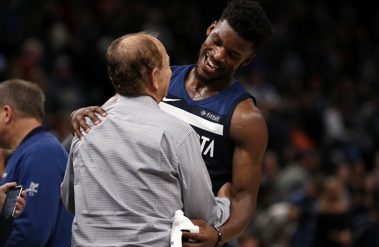 Minnesota Timberwolves forward Jimmy Butler (23) talked with Minnesota Timberwolves team owner Glen Taylor on the court following the win. ] ANTHONY SOUFFLE &#xef; anthony.souffle@startribune.com Game action from an NBA game between the Minnesota Timberwolves and the Oklahoma City Thunder Friday, Oct. 27, 2017 at the Target Center in Minneapolis.