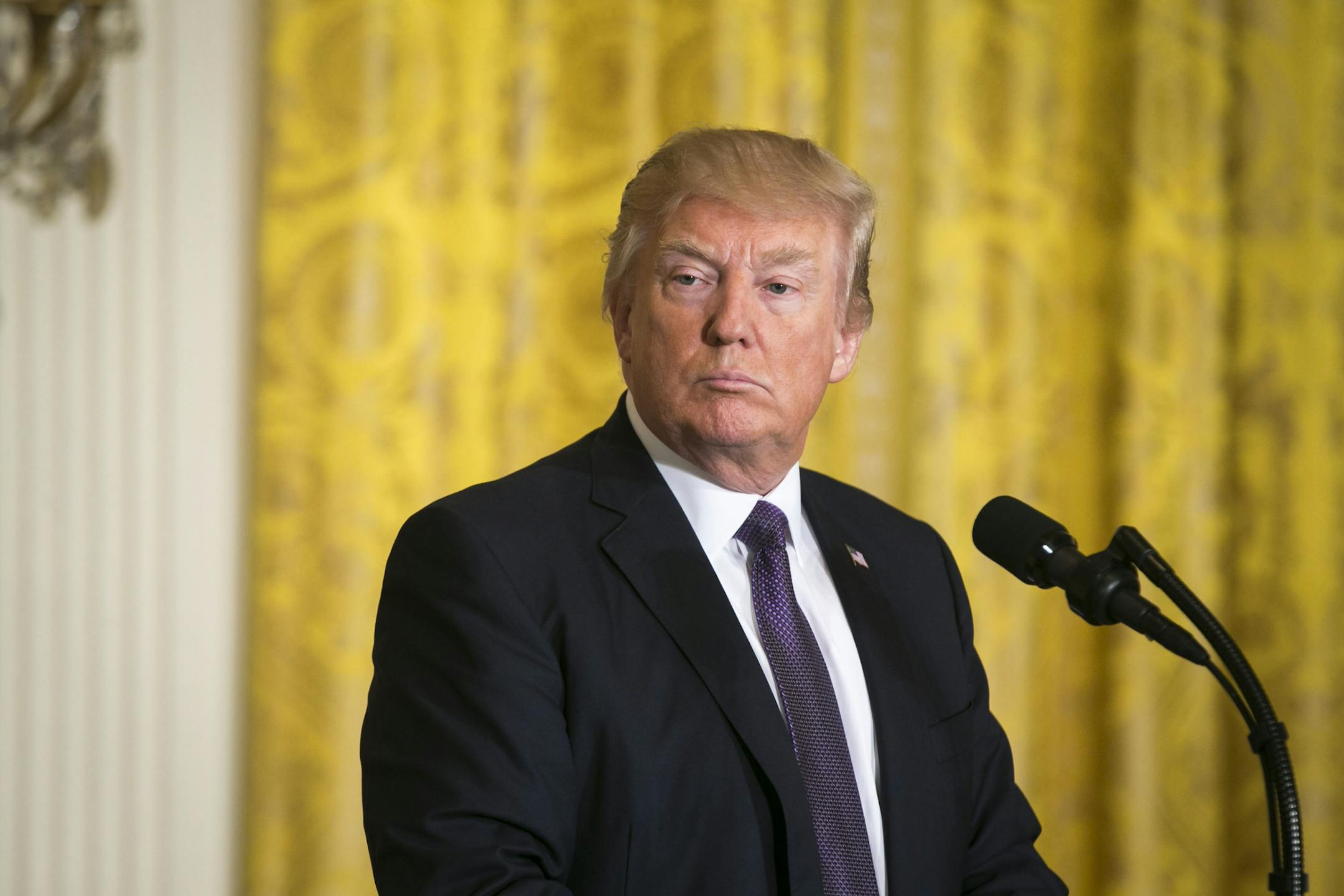 President Donald Trump during a joint news conference with NATO Secretary General Jens Stoltenberg in the White House in Washington, April 12, 2017.