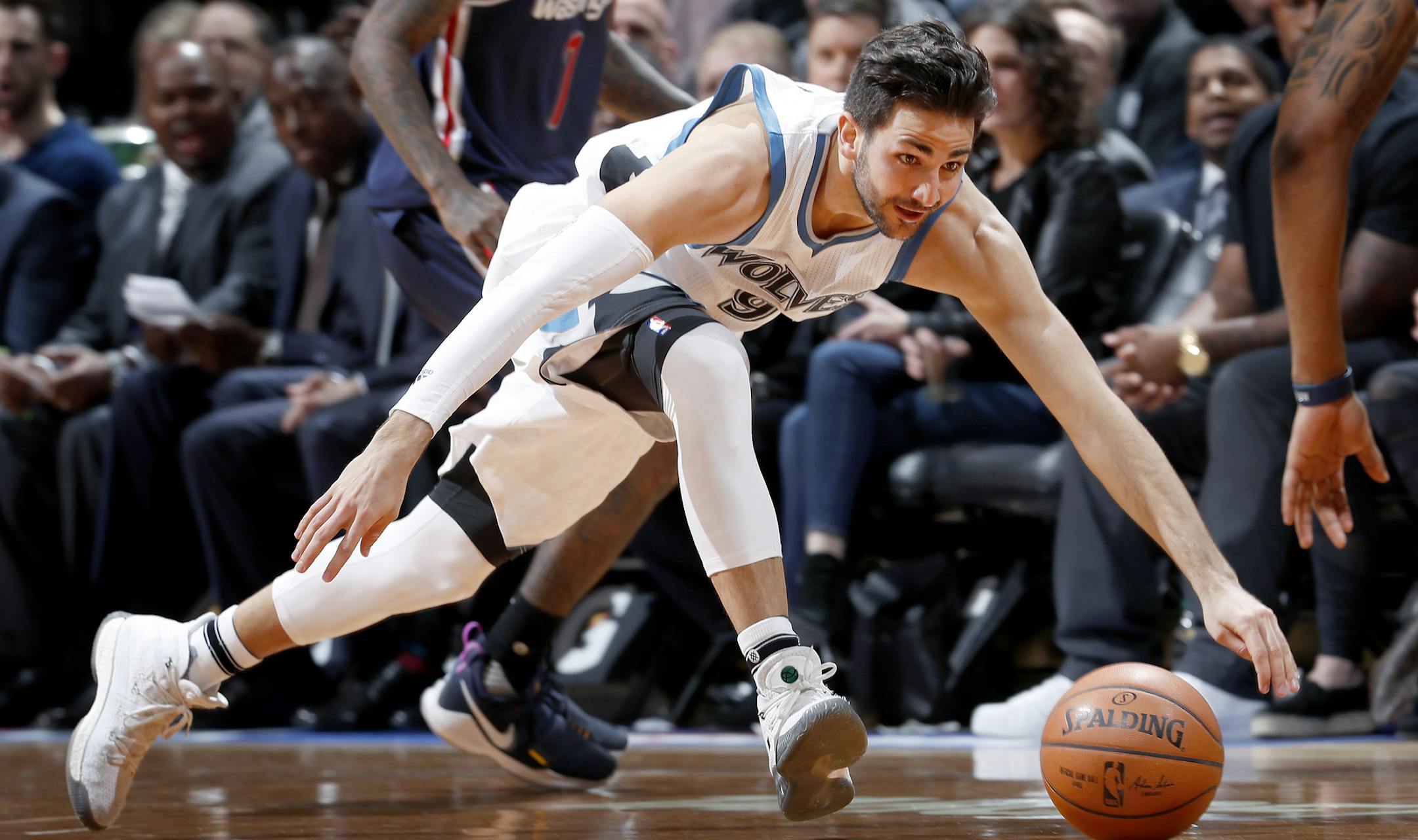 Ricky Rubio (9) chased a loose ball in the second quarter. ] CARLOS GONZALEZ &#xef; cgonzalez@startribune.com - March 13, 2017, Minneapolis, MN, Target Center, NBA Basketball, Minnesota Timberwolves vs. Washington Wizards