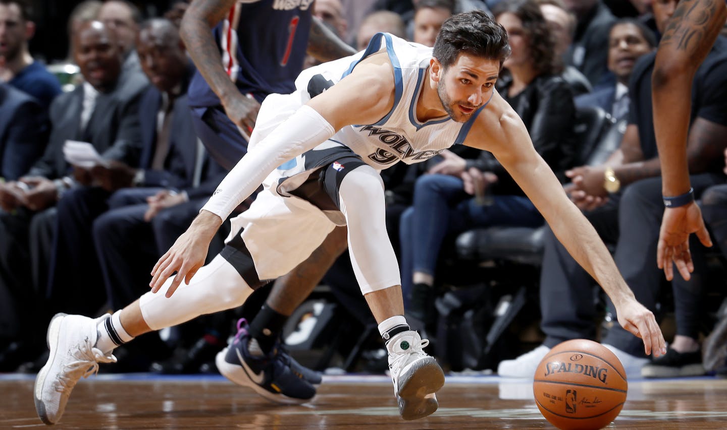 Ricky Rubio (9) chased a loose ball in the second quarter. ] CARLOS GONZALEZ &#xef; cgonzalez@startribune.com - March 13, 2017, Minneapolis, MN, Target Center, NBA Basketball, Minnesota Timberwolves vs. Washington Wizards