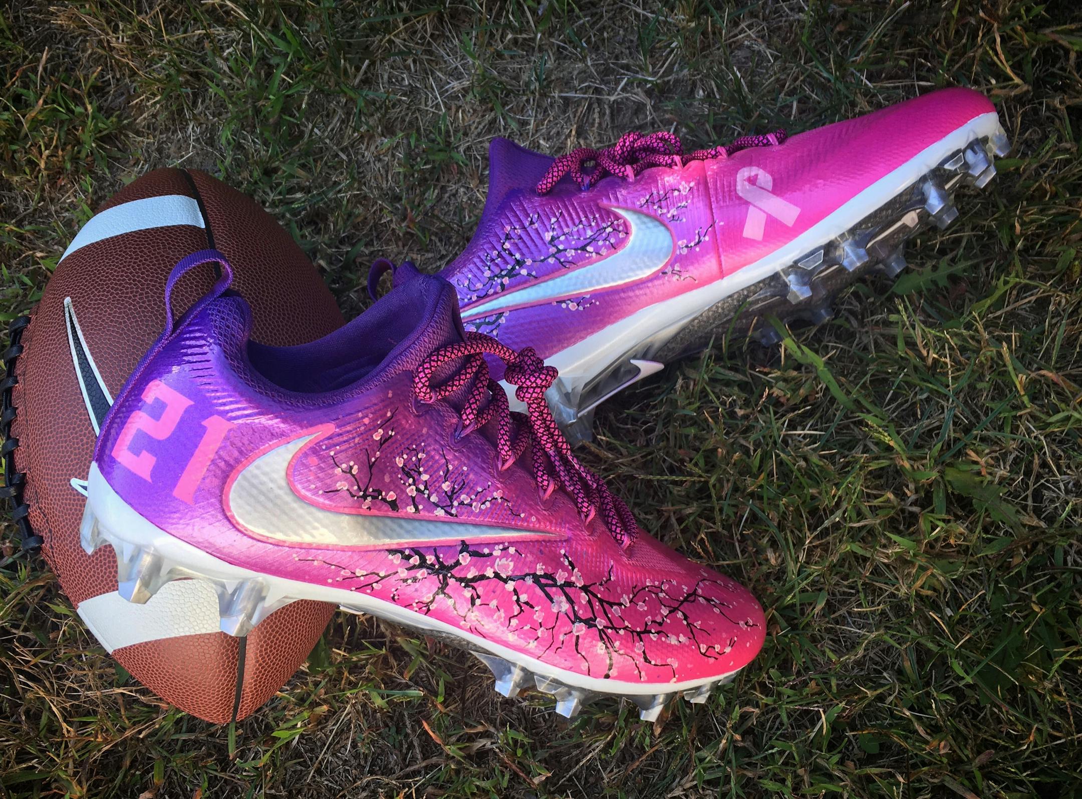 Dan Gamache, owner of Mache Custom Kicks, has designed several custom-made cleats for Vikings players and other athletes.
Xavier Rhodes&#xed; custom cleats featured his motto &#xf1; Rhodes closed.
Jerick McKinnon&#xed;s Harambe cleats, inspired by the gorilla killed at the Cincinnati Zoo, went viral. McKinnon also had a pair of cleats made to bring attention to breast cancer awareness.
Jarius Wright showcased his football loves &#xf1; Arkansas and the Twin Cities &#xf1; in one pair of fancy clea