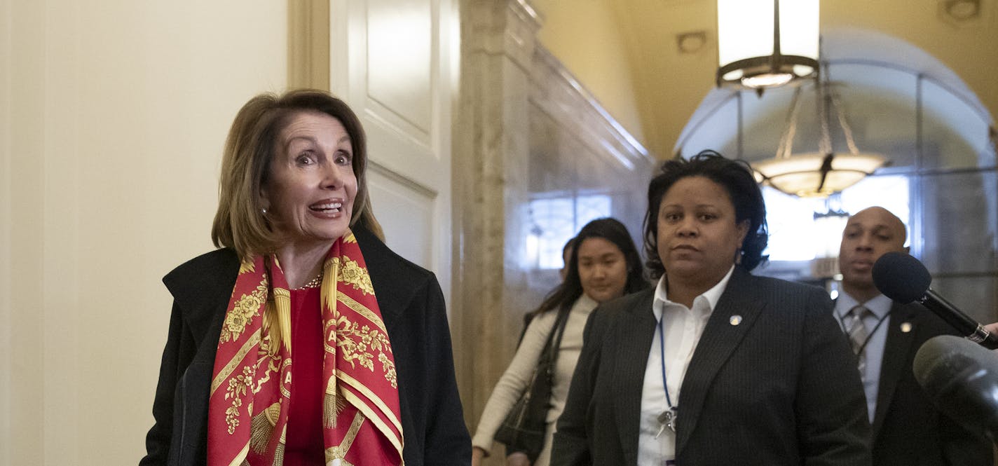 Speaker of the House Nancy Pelosi, D-Calif., responds to reporters after officially postponing President Donald Trump's State of the Union address until the government is fully reopened, at the Capitol in Washington, Wednesday, Jan. 23, 2019. The California Democrat told Trump in a letter Wednesday the Democratic-controlled House won't pass the required measure for him to give the nationally televised speech from the House floor. (AP Photo/J. Scott Applewhite)