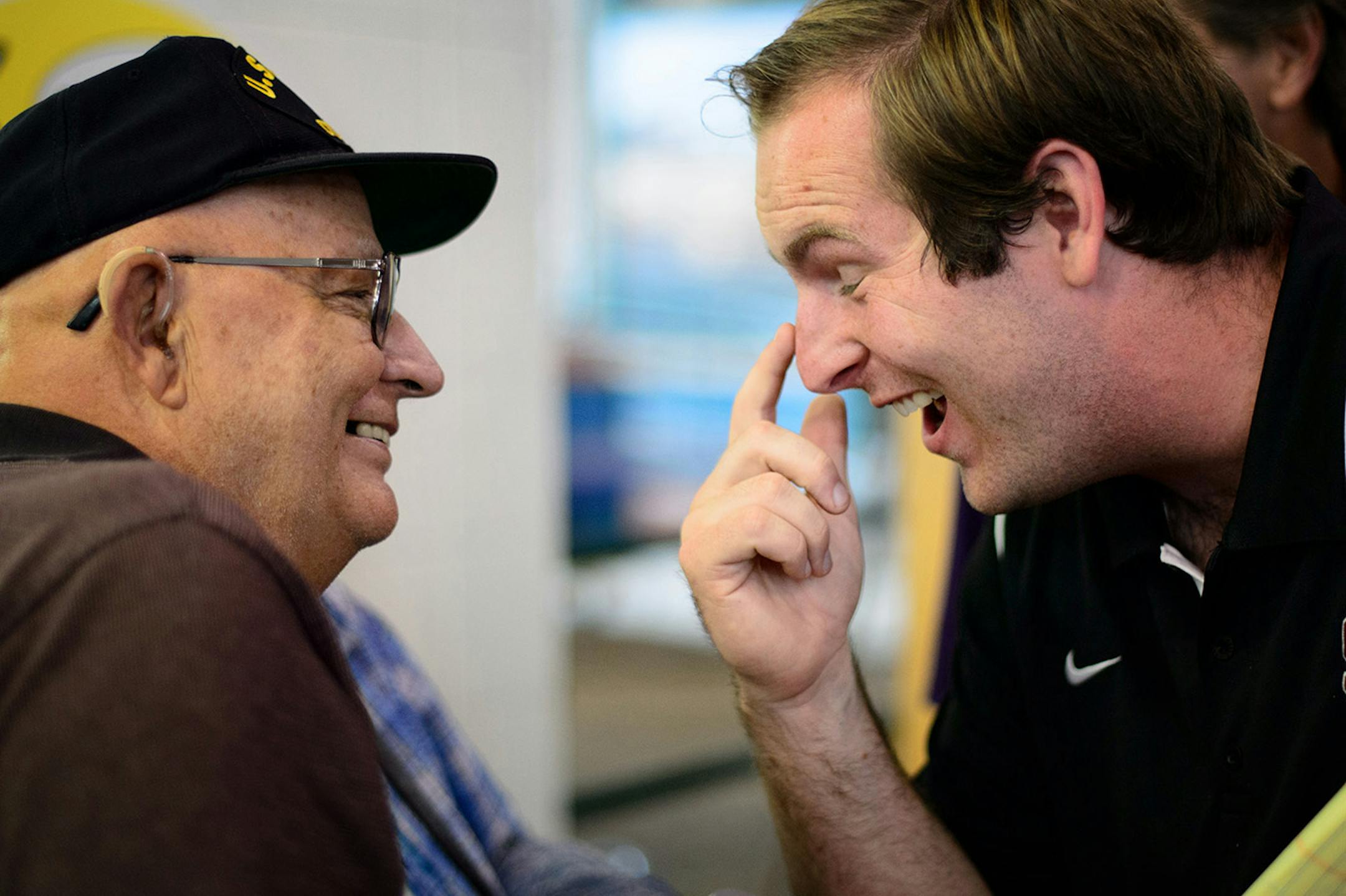 In the State Fair Cattle Barn, Larry Walters of Brooklyn Park asked if he could see son Conor McFadden's 's scar from where Mike removed the stitches, featured in his television ad. "I get asked that a lot" he said. ] Falcon Heights , MN -- Thursday, August 28, 2014. GLEN STUBBE * gstubbe@startribune.com