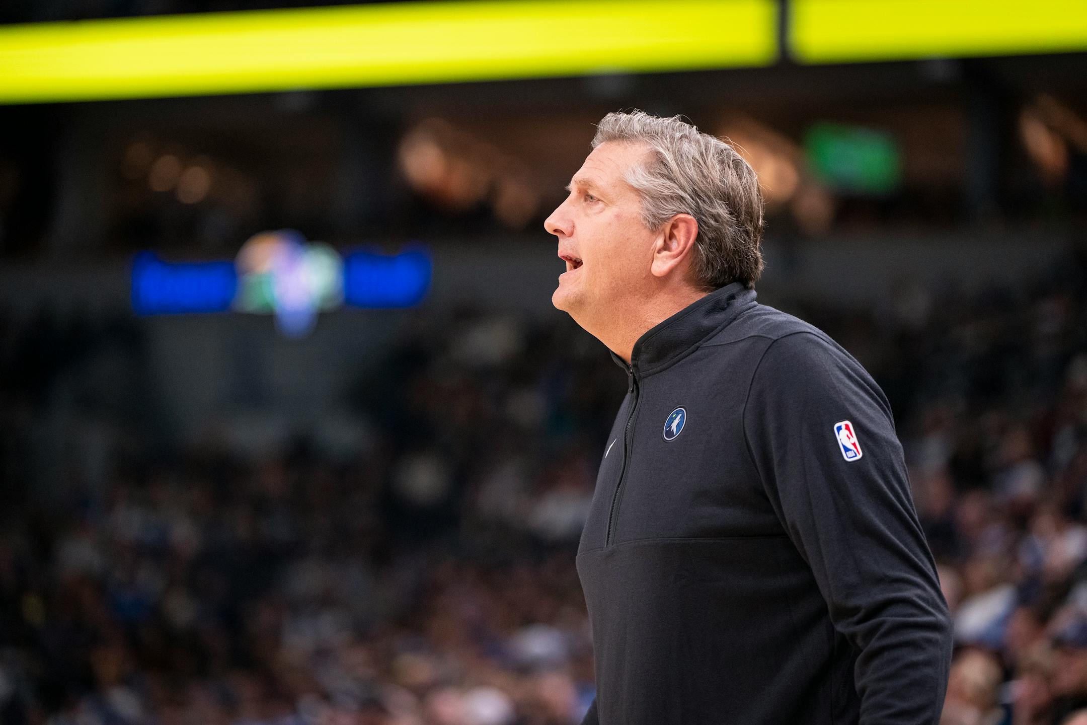 Minnesota Timberwolves head coach Chris Finch yells during the first half of the game.
