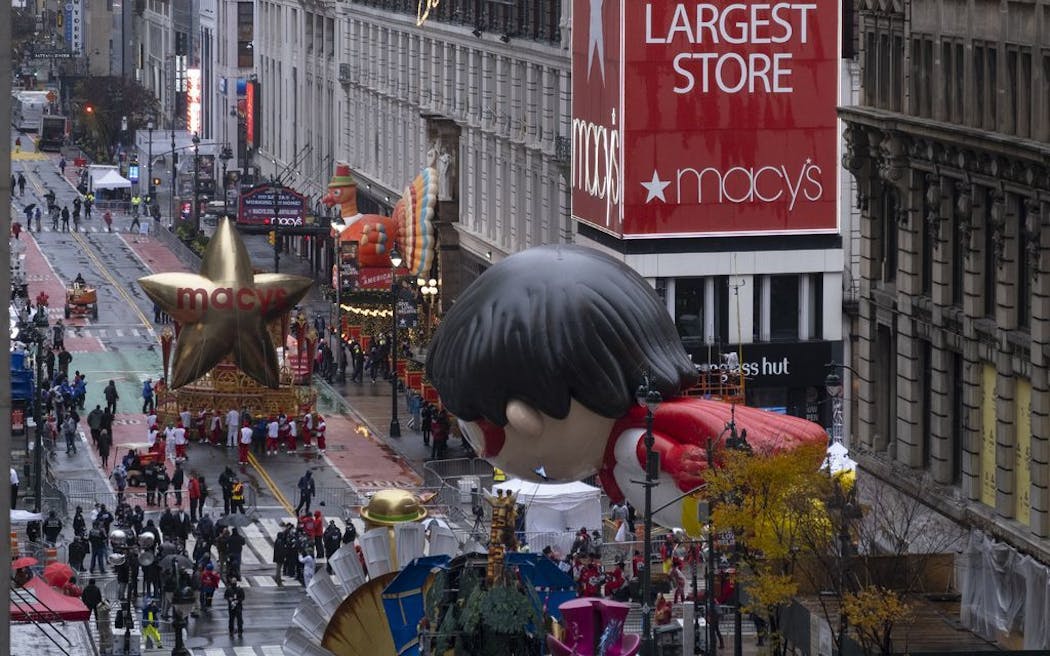Floats that are part of the modified Macy's Thanksgiving Day Parade are seen from the Empire State Building in New York, Thursday, Nov. 26, 2020.