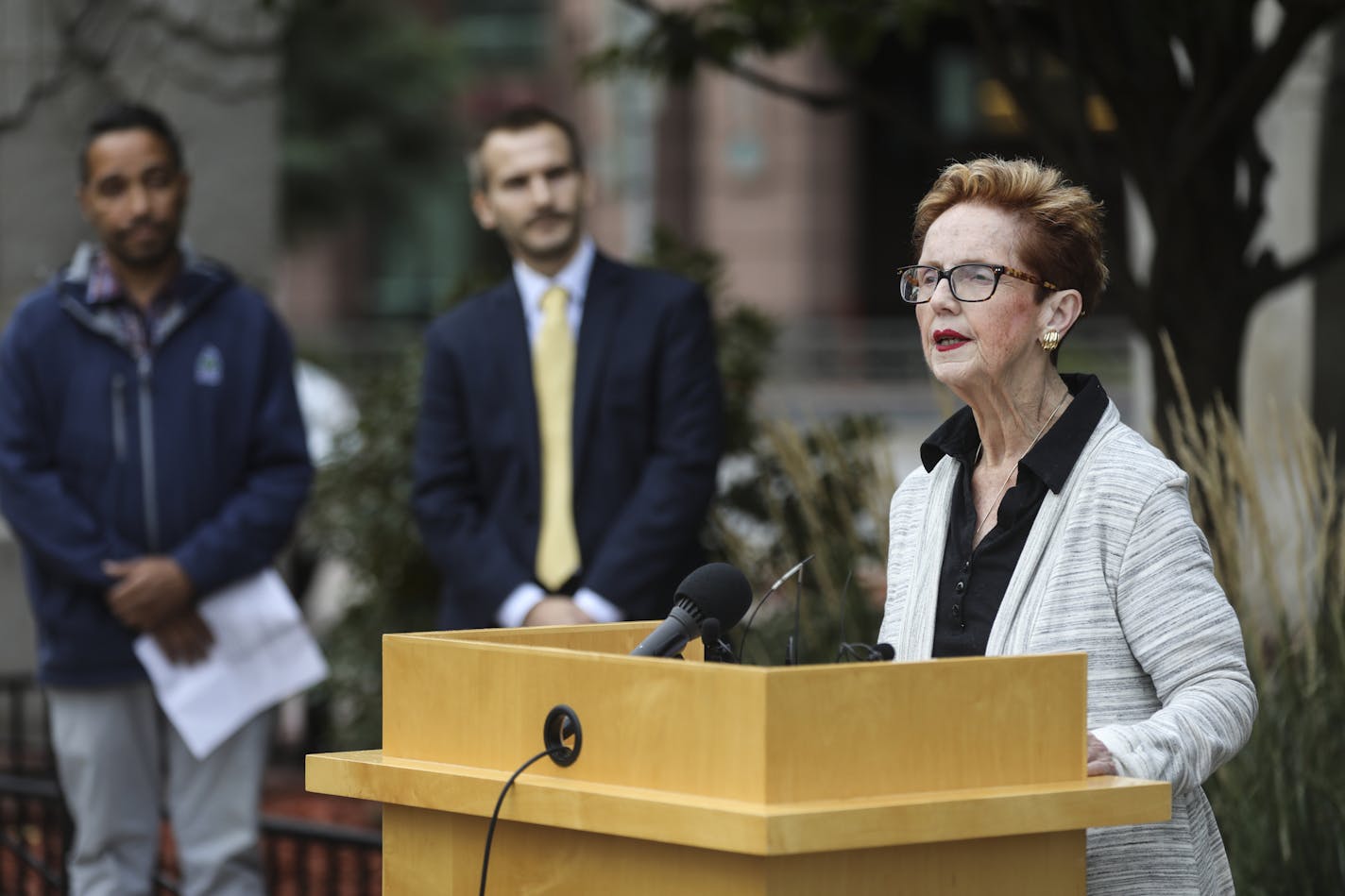 Director of Youthlink Heather Huseby claimed nine homeless young peoples lives had been saved by police in the last week as she spoke in support of police presence downtown on Thursday, October 5, 2017 in front of the Convention Center in Minneapolis, Minn. Business and community leaders spoke out in their support of police presence in downtown Minneapolis after a recent poll of mayoral and council candidates revealed seven candidates replied they could envision a city without police. ] RENEE JO