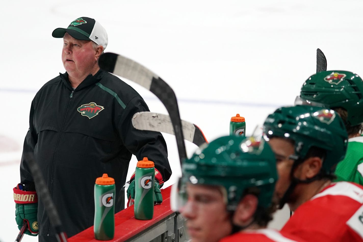 Minnesota Wild head coach Bruce Boudreau watched his players during drills.