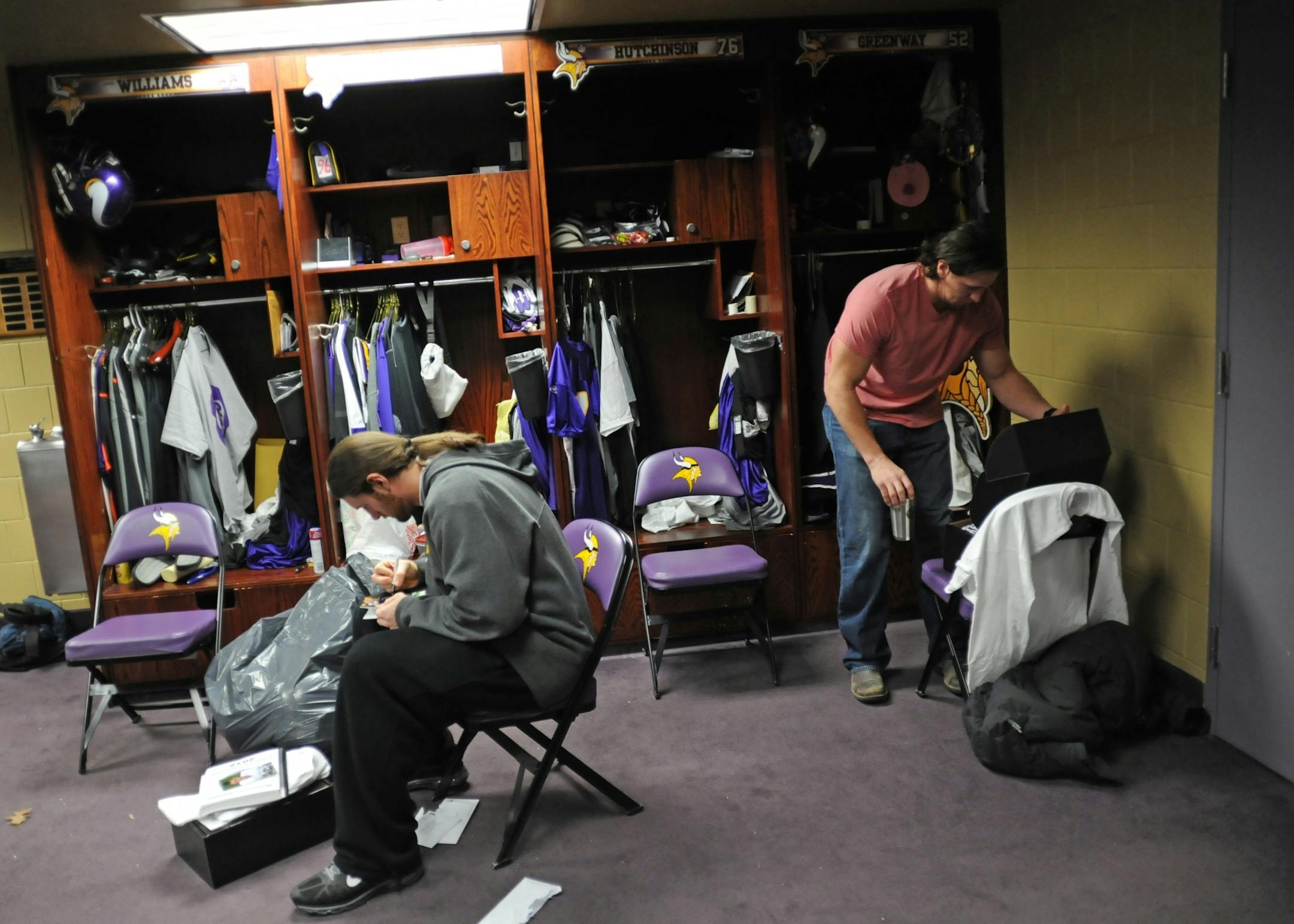 The Minnesota Viking's Brian Robinson and Chad Greenway cleaned out their lockers at Winter Park on Monday January 2, 2012 in Eden Prairie, Minn.