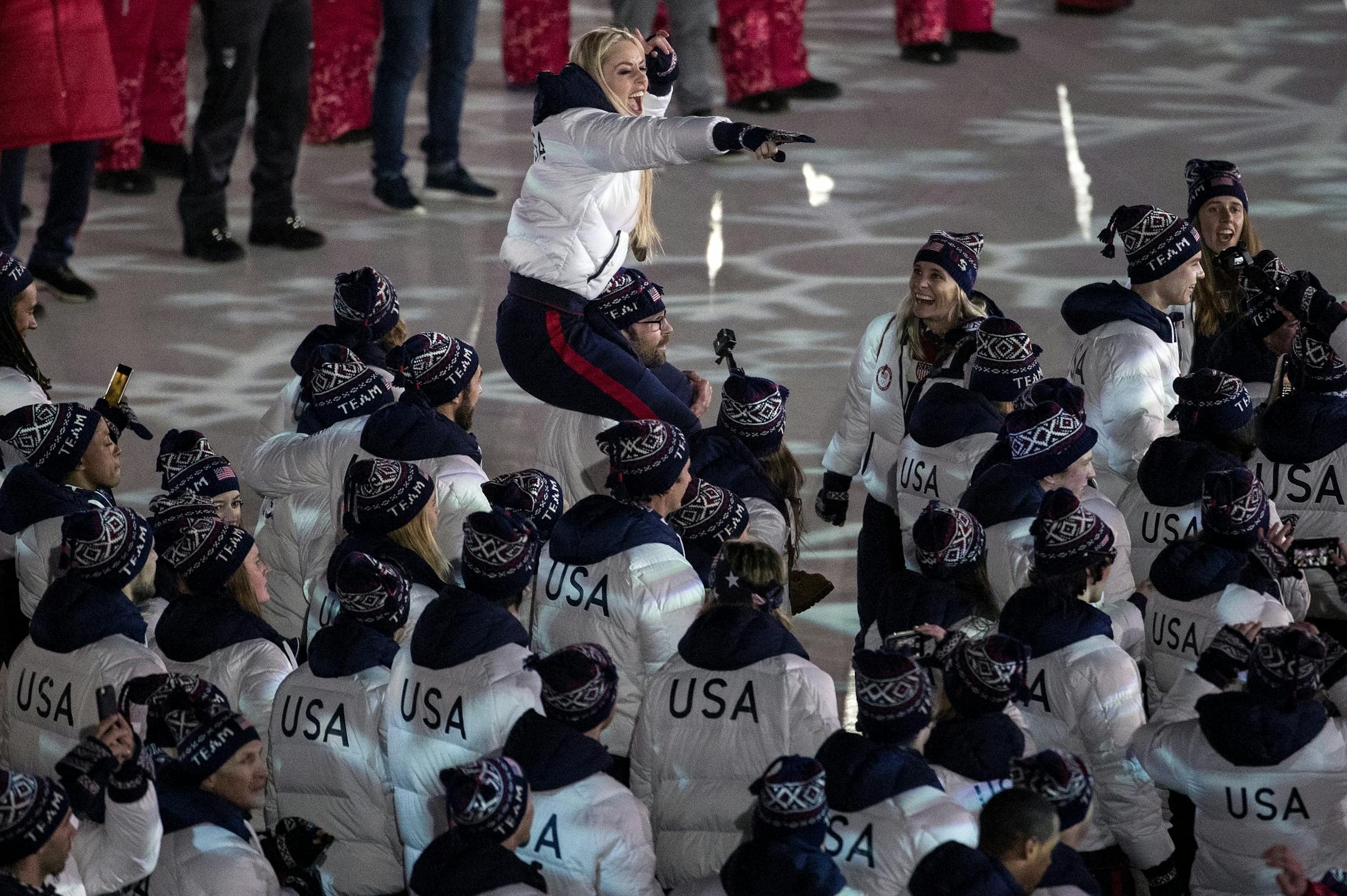 Lindsey Vonn was carried as team USA entered Pyeongchang Olympic Stadium during Closing Ceremony on Sunday.