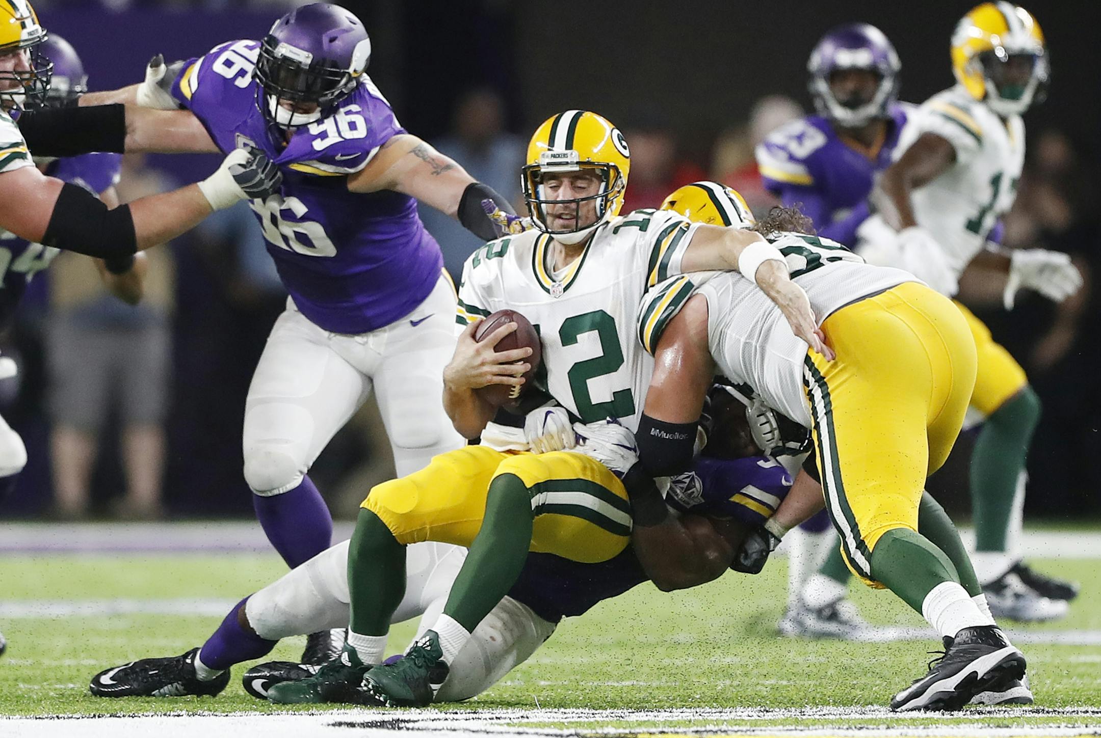 Minnesota Vikings defensive end Everson Griffen (97) sacked Aaron Rogers in the forth quarter at U.S. Bank Stadium Sunday September 18 ,2016 in Minneapolis, MN.