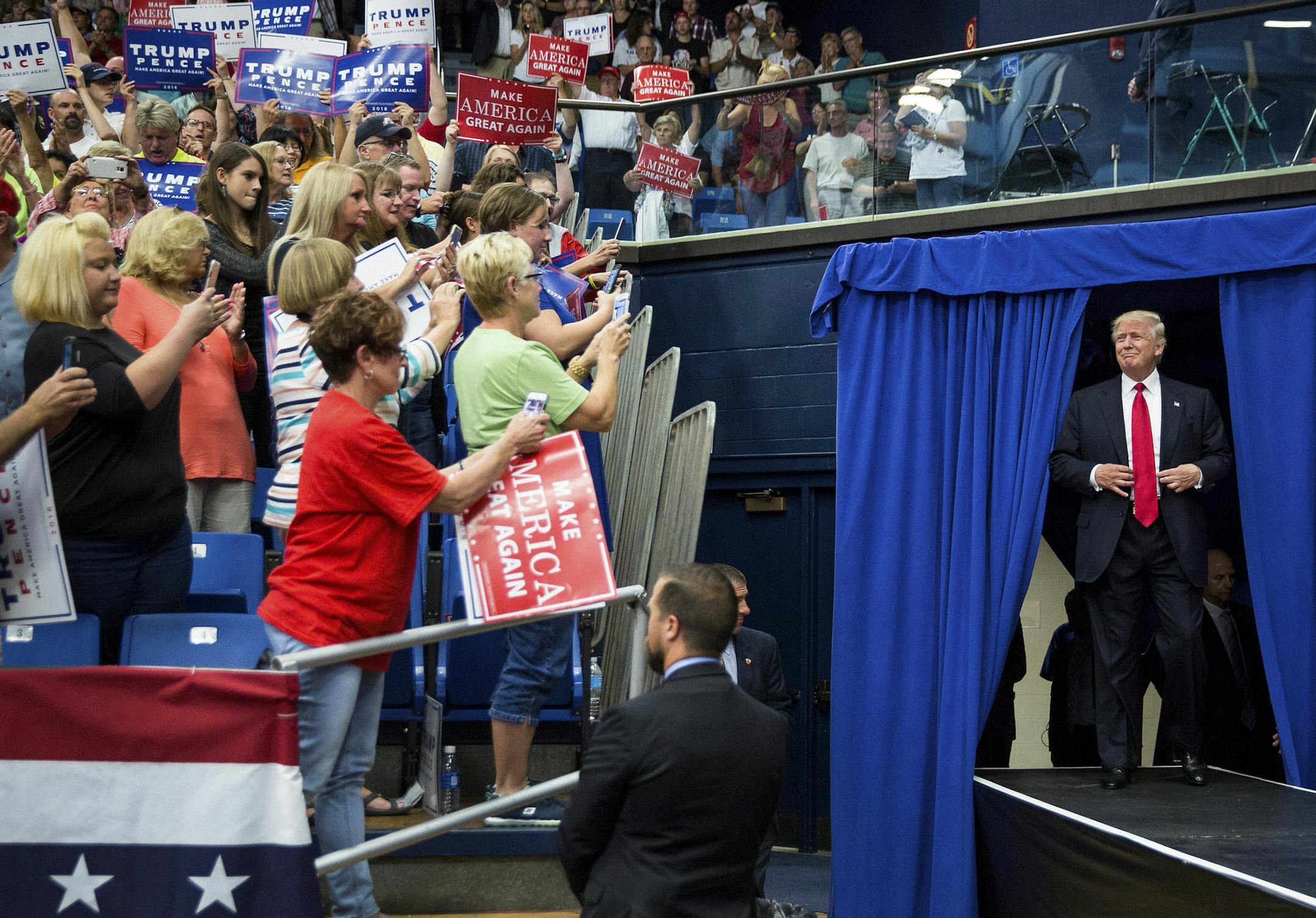 Donald Trump, the Republican presidential nominee, arrives at a campaign event at the James A. Rhodes Arena in Akron, Ohio, Aug. 22, 2016. The 2016 election may not end in the landslide some have predicted for a very simple reason: Landslides do not really happen in presidential elections anymore. (Damon Winter/The New York Times)