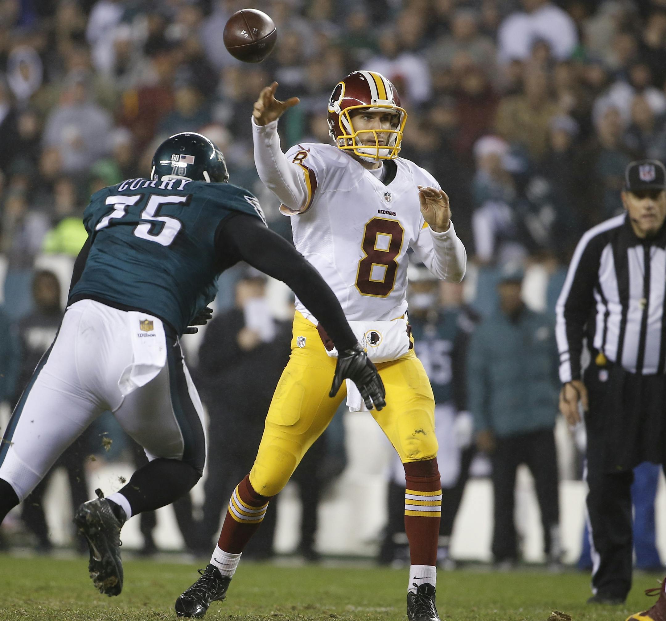 Washington Redskins' Kirk Cousins in action in the second half of an NFL football game against the Philadelphia Eagles, Saturday, Dec. 26, 2015, in Philadelphia. (AP Photo/Matt Rourke)