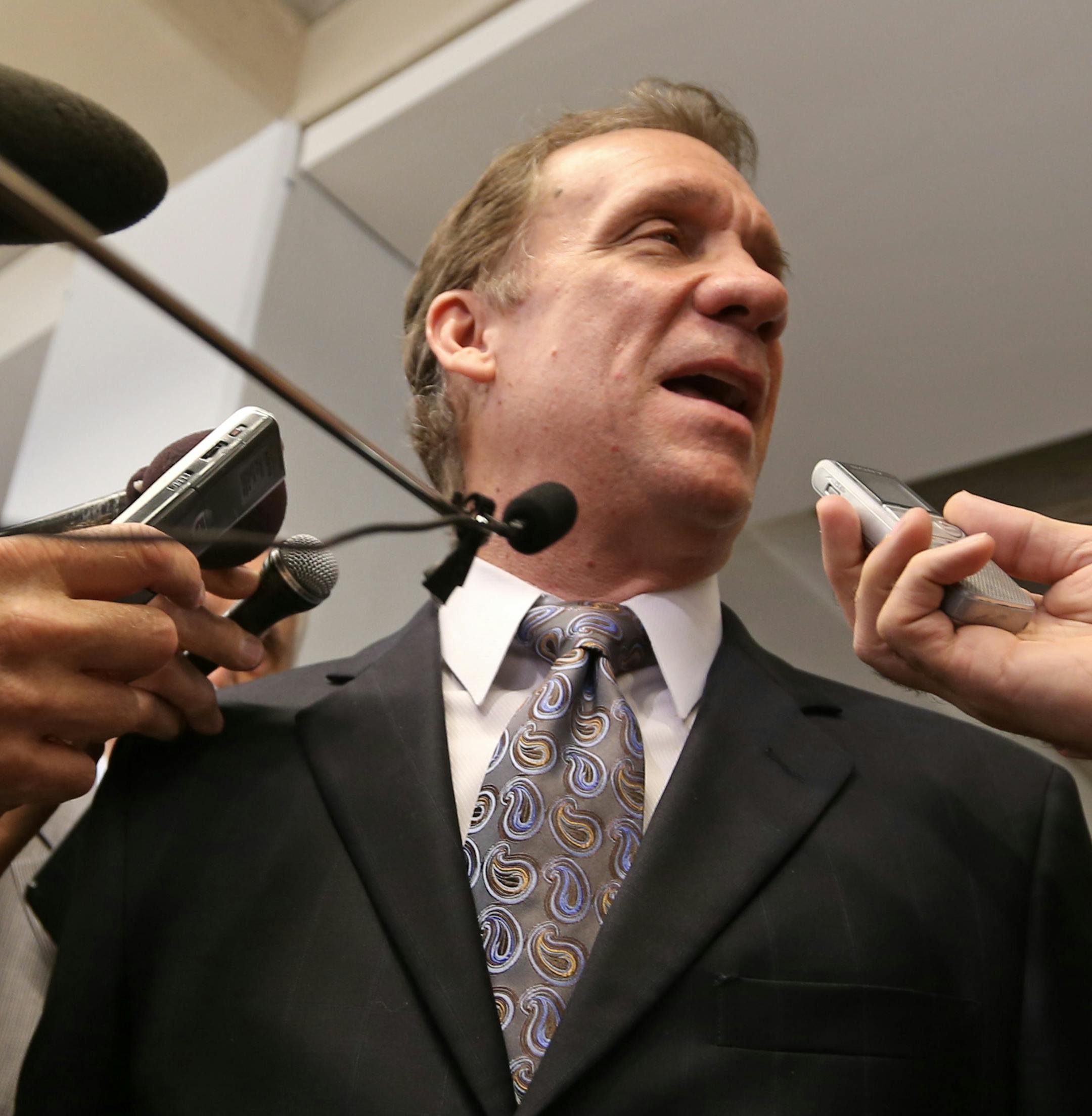 (middle) Flip Saunders answered media questions after the press conference at Target Center where he introduced Shabazz Muhammad and Gorgui Dieng on 6/28/13.] Bruce Bisping/Star Tribune bbisping@startribune.com Flip Saunders, Shabazz Muhammad and Gorgui Dieng/source. ORG XMIT: MIN1306281601462400