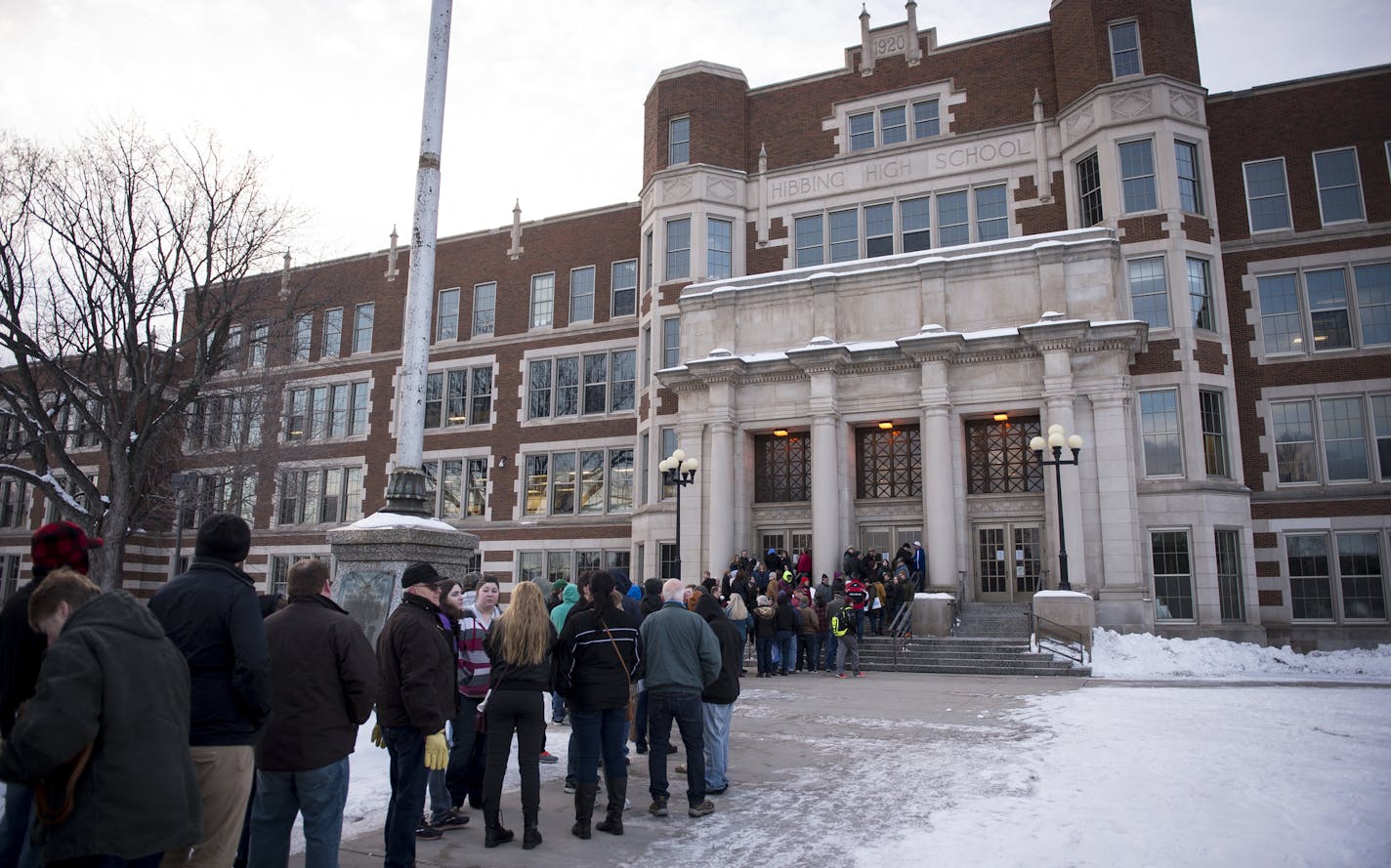 Hundreds of Bernie Sanders supporters formed a line outside of Hibbing High School Friday morning while waiting to hear him speak. ] (AARON LAVINSKY/STAR TRIBUNE) aaron.lavinsky@startribune.com Democratic presidential candidate Bernie Sanders held a rally in the Iron Range town of Hibbing, Minn., on Friday, Feb. 26, 2016 at Hibbing High School.