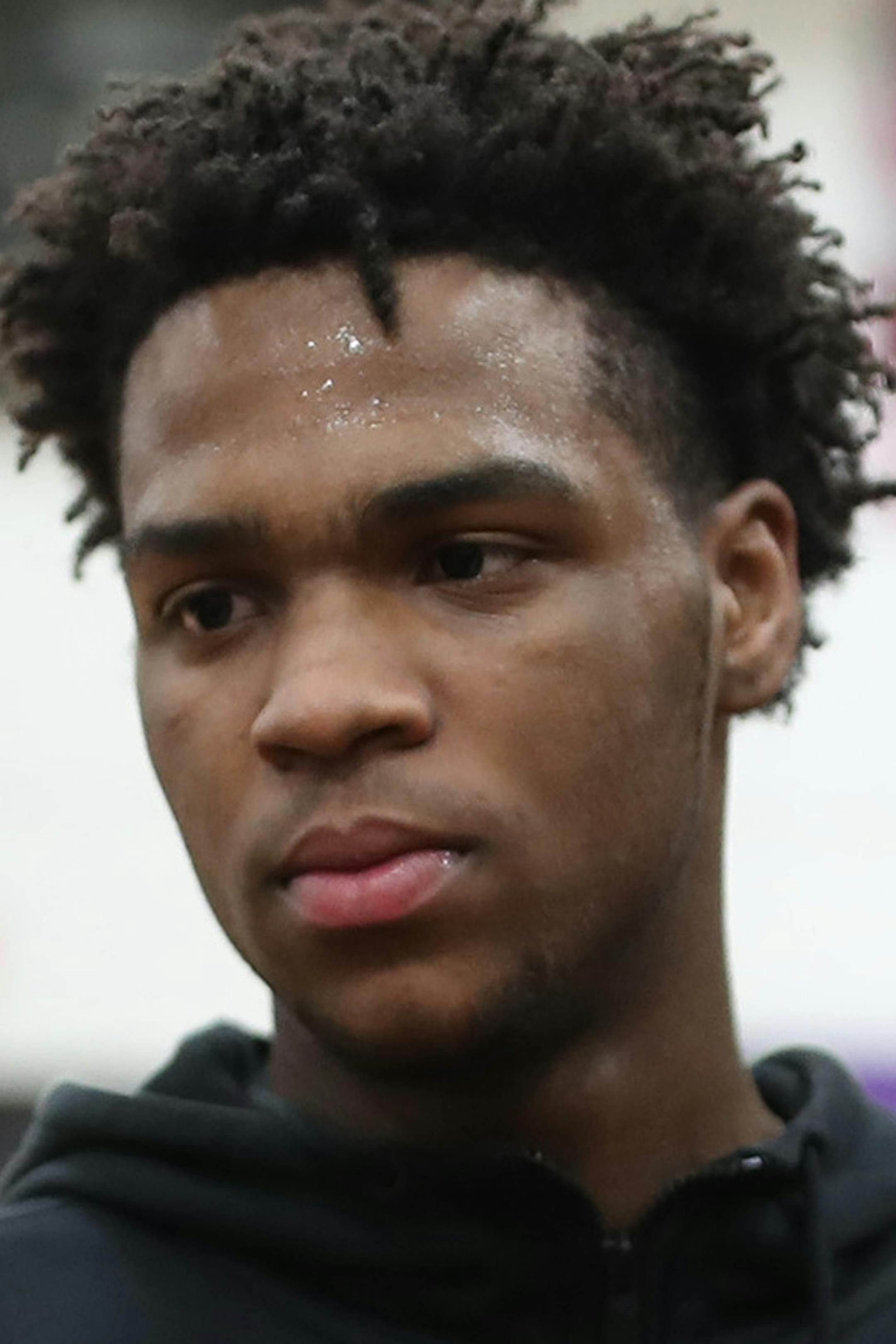 Adreone Sprinkles left, and Lu'Cye Patterson listened to there coach Matthew McCollister during practice at Brooklyn Center High School Tuesday Feb 27, 2018 in Brooklyn Center, MN.] JERRY HOLT &#xef; jerry.holt@startribune.com