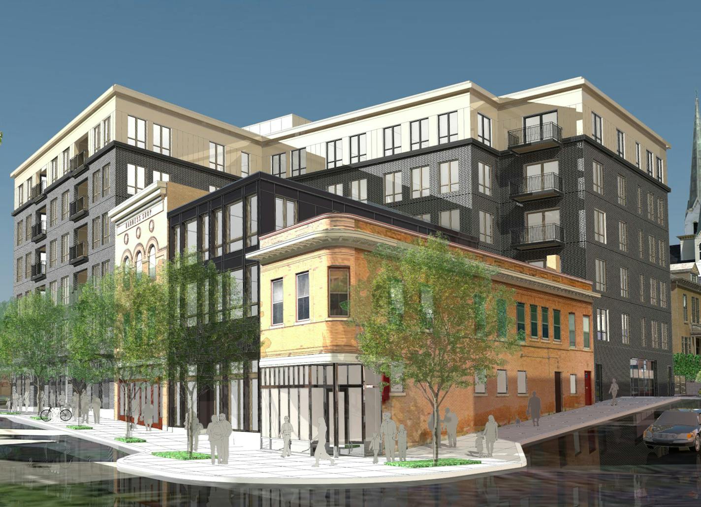 Nye's Polonaise Room is giving way to this mixed-use project, one of several major developments in the works for the area on the east side of the Mississippi River.