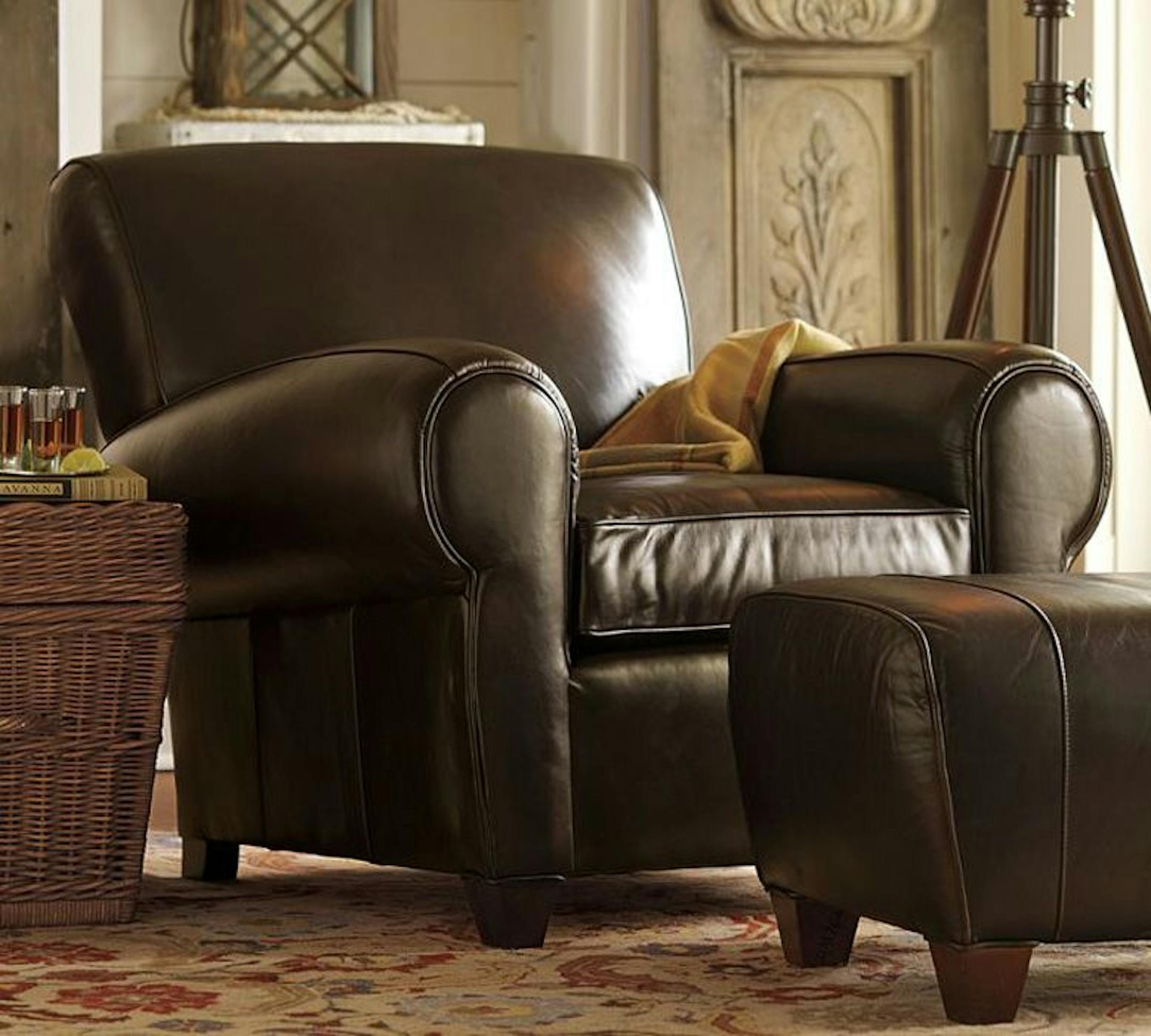 Pottery Barn's dark-brown classic Manhattan Leather Club Chair ($1,499 to $1,955, potterybarn.com) comes in espresso or whiskey. It's stuffed to the brim, so you can really sink into the cushions.