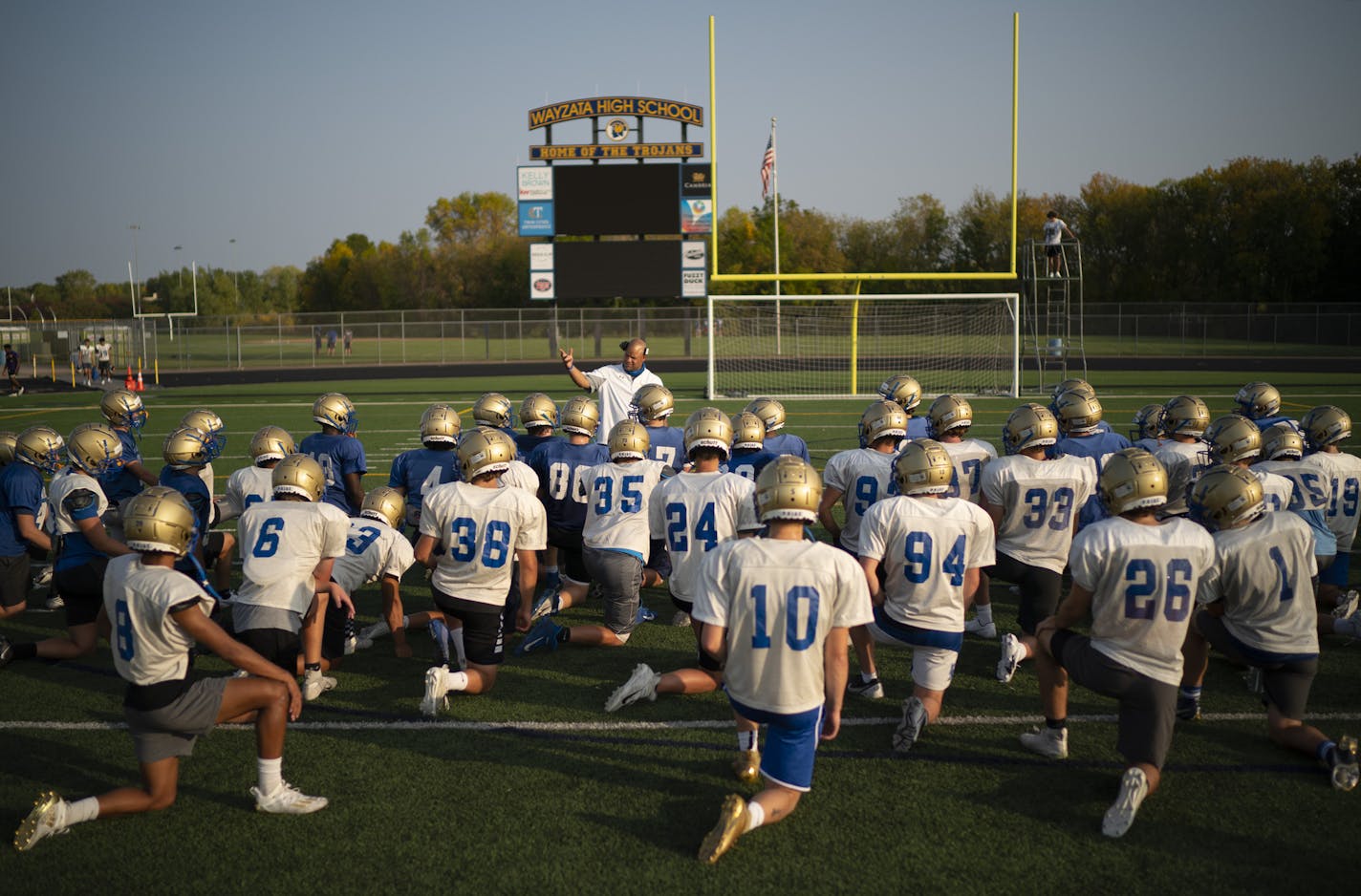 Wayzata High School football coach gathered his players at the end of practice Monday evening. "Now we have something to play for," he told them. ] JEFF WHEELER • jeff.wheeler@startribune.com Defending Class 6A champion Wayzata has been holding football practice for a few days, but now that the MSHSL has given the go ahead for a season, as head coach Lambert Brown told his team after practice Monday evening, September 21, 2020, "Now we have something to play for."