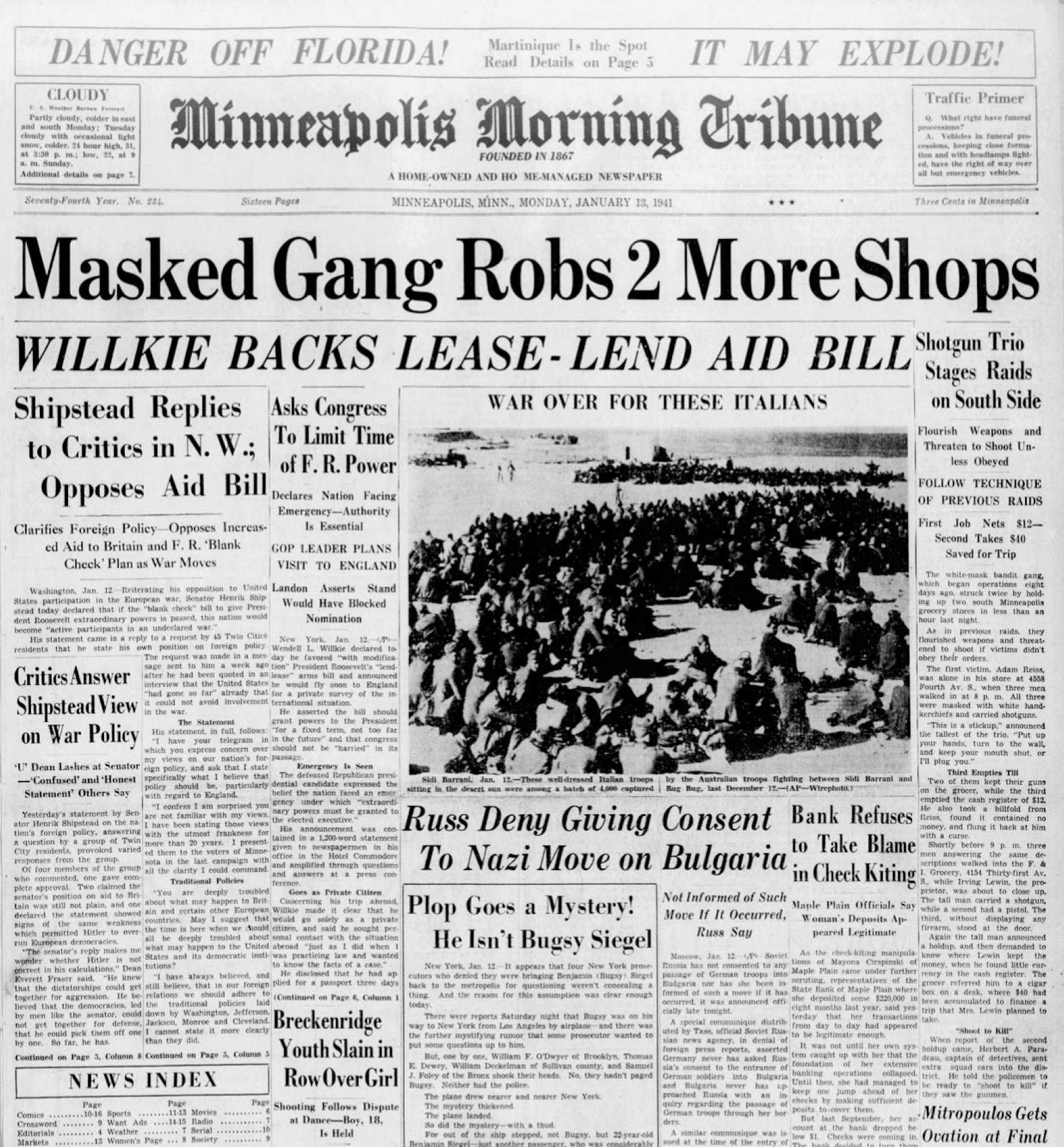 Minneapolis Morning Tribune front page January 13, 1941