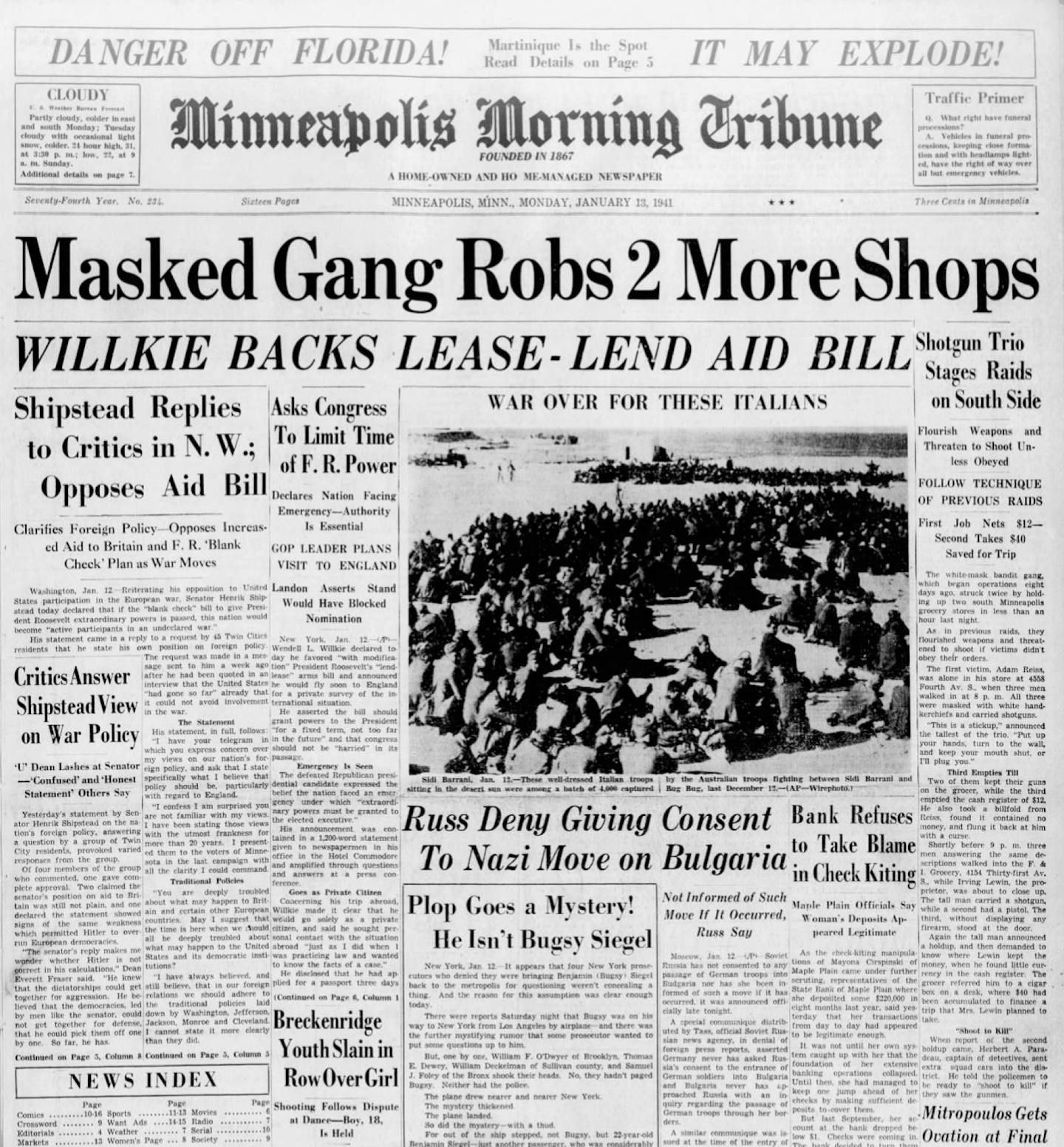 Minneapolis Morning Tribune front page January 13, 1941