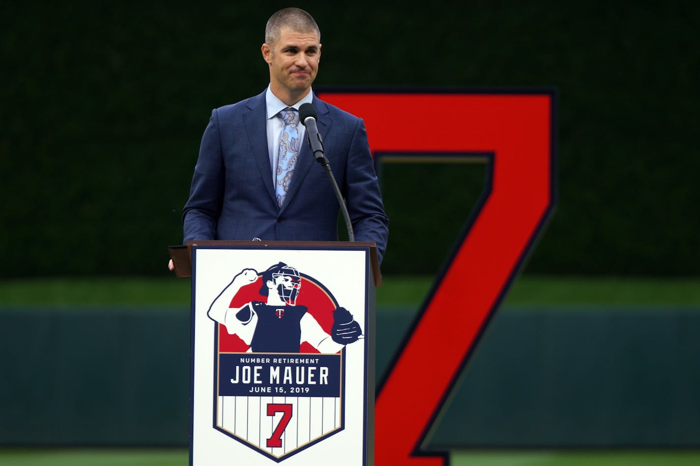 Former Minnesota Twins star Joe Mauer fought back tears as he spoke during a pregame ceremony to retire his number 7 Saturday. ] ANTHONY SOUFFLE &#x2022; anthony.souffle@startribune.com The Minnesota Twins played the Kansas City Royals in an MLB game Saturday, June 15, 2019 at Target Field in Minneapolis.