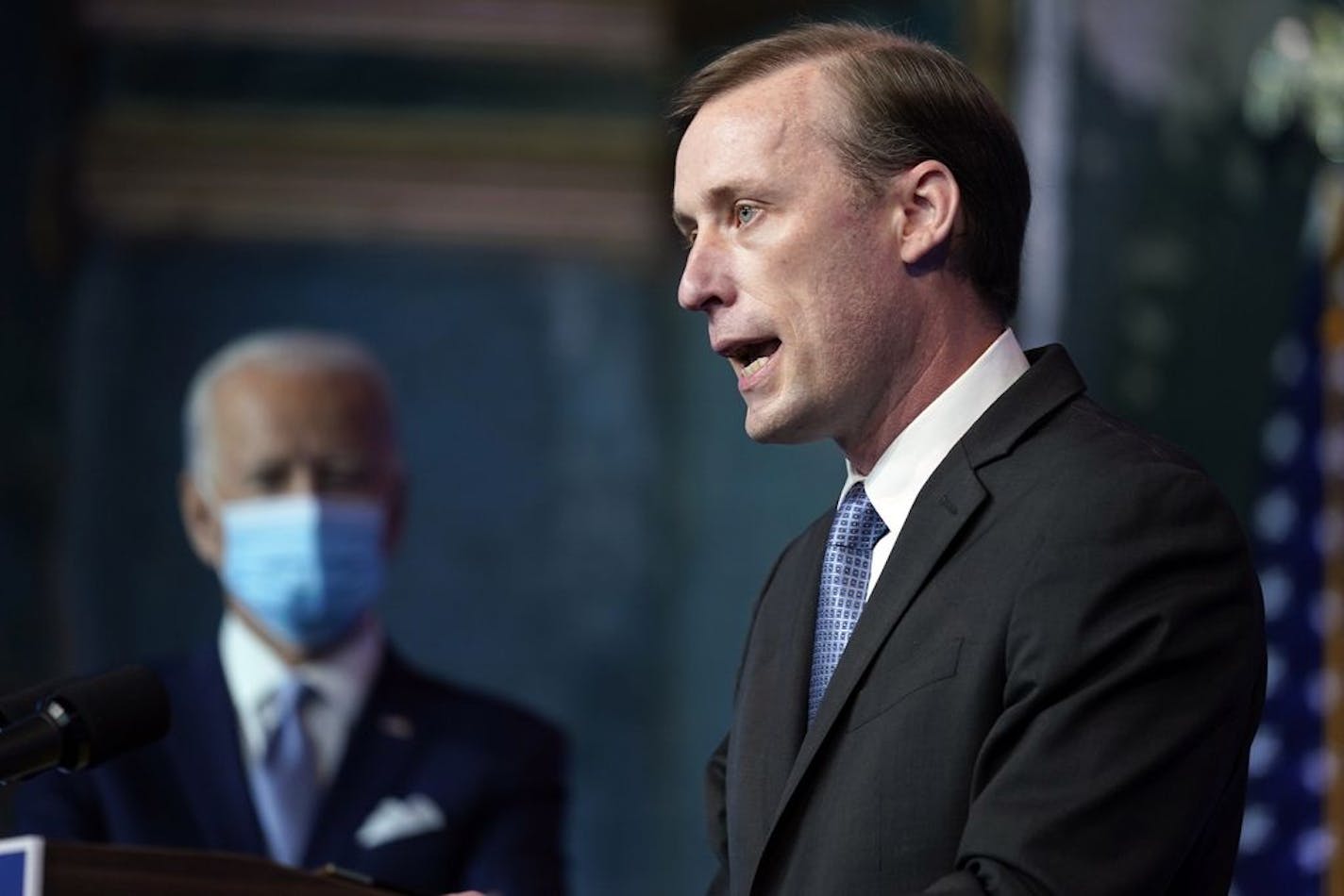 President-elect Joe Biden's national security adviser nominee Jake Sullivan speaks at The Queen theater, Tuesday, Nov. 24, 2020, in Wilmington, Del.