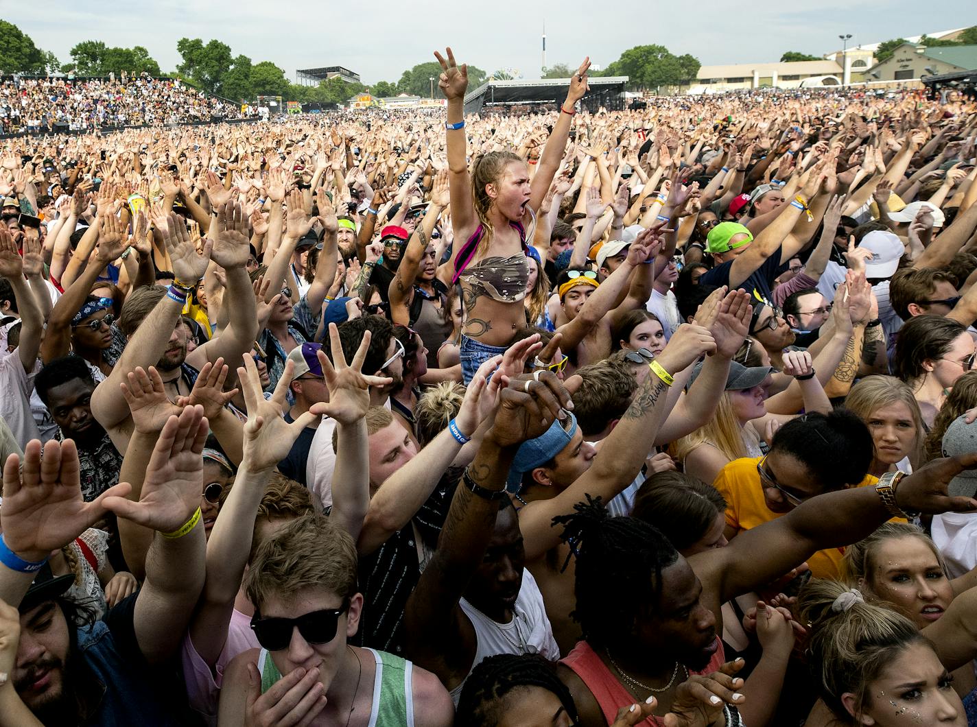 Fans during a performance by Wu-Tang Clan during Soundset at the Minnesota State Fair grounds. ] CARLOS GONZALEZ &#xef; cgonzalez@startribune.com &#xf1; May 27, 2018, Falcon Heights, MN, Soundset, Hip Hop Festival