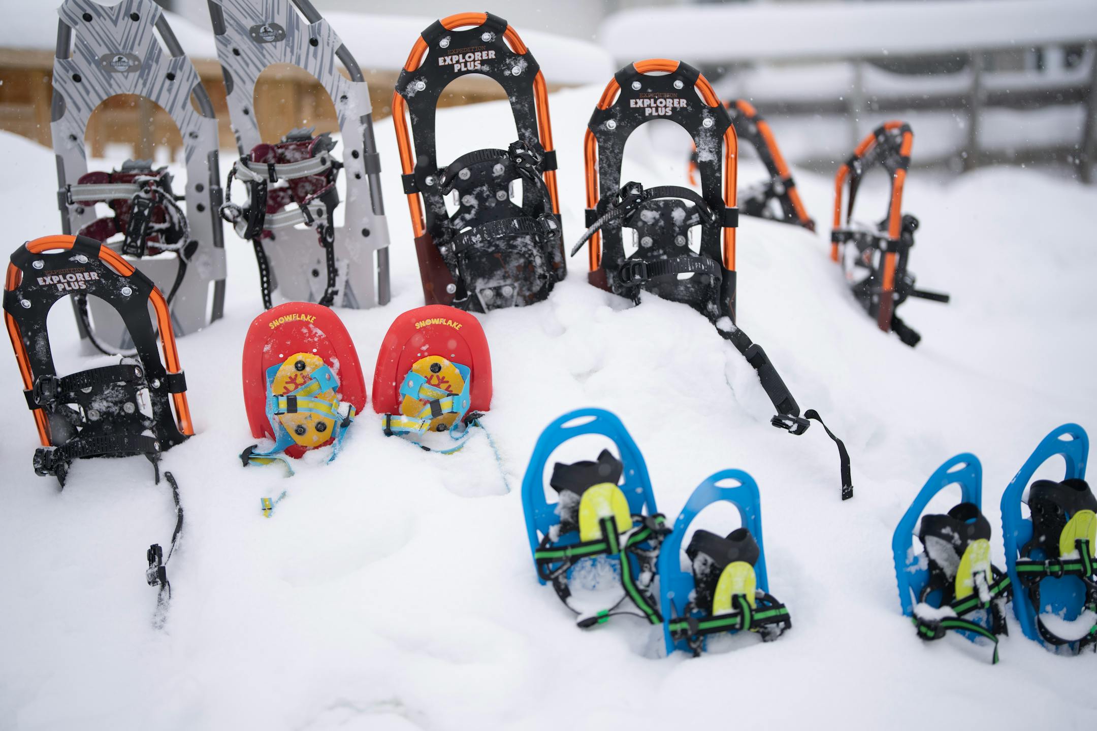 Snowshoes were propped up outside the community room after a trip to check rabbit snares as part of the Ojibwe immersion program.