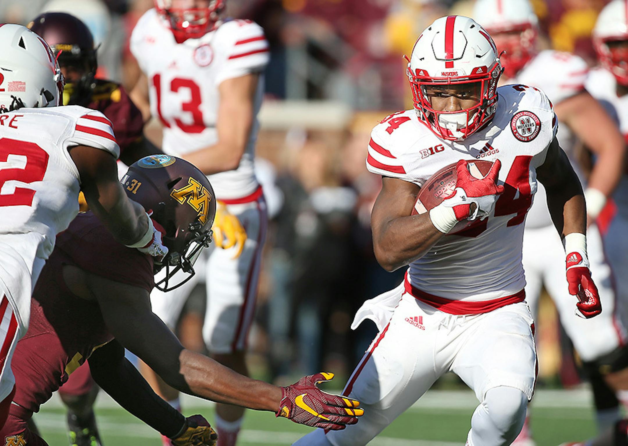 Nebraska's running back Terrell Newby plowed through Minnesota defense for a second quarter touchdown as the Gophers took on Nebraska at TCF Bank Stadium, Saturday, October 17, 2015 in Minneapolis, MN.