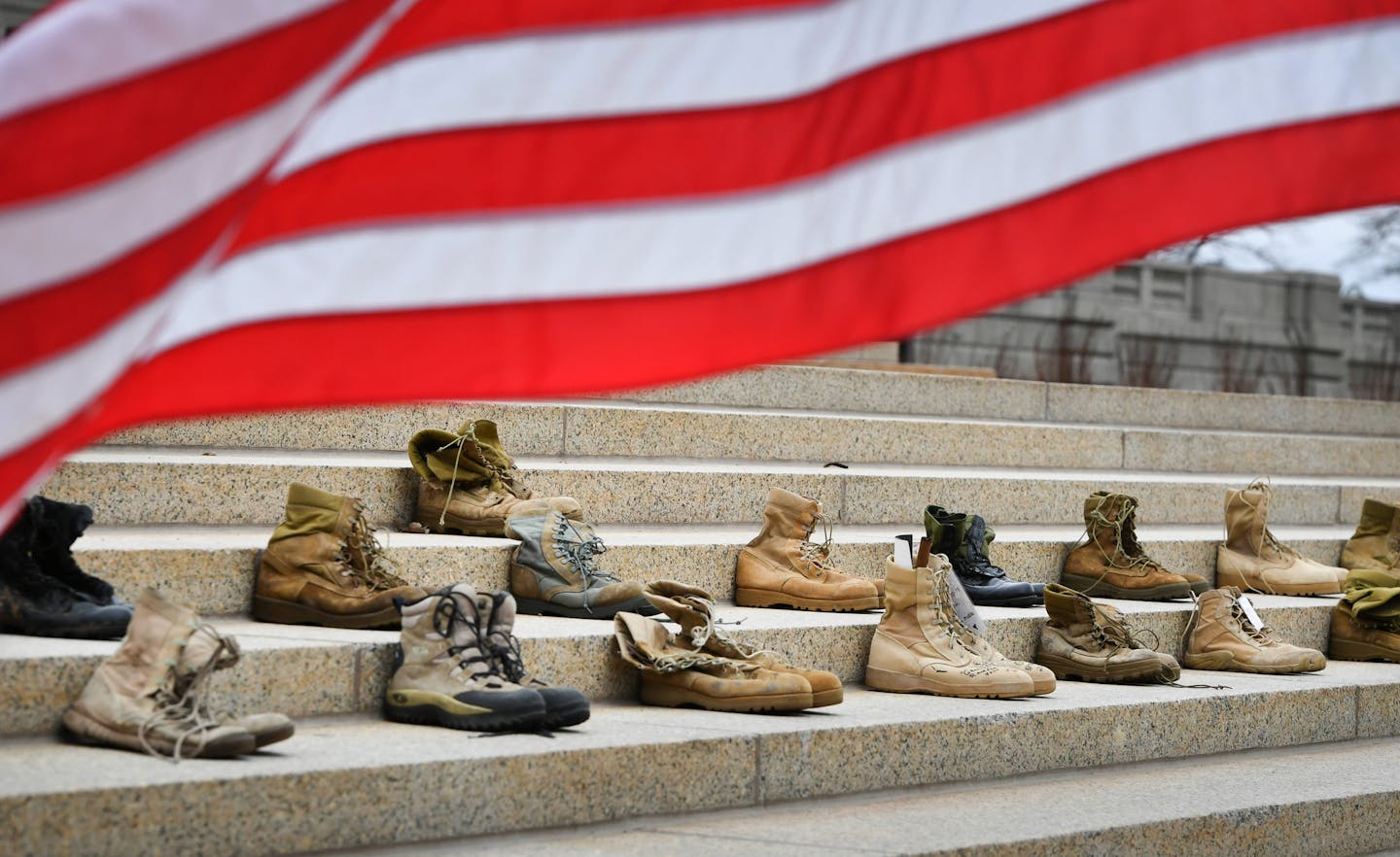 Twenty three pairs of boots on the front steps of the Capitol on the first day of Operation 23 to Zero. ] GLEN STUBBE &#xa5; glen.stubbe@startribune.com Monday April 10, 2017 Every day, 22 veterans and one active duty soldier commit suicide. Operation 23 to Zero, a non-profit started by local veterans, hopes to raise awareness about the epidemic by placing combat boots of deceased soldiers on the steps of The Capitol. Twenty pairs are added each day for five days until the steps are filled with