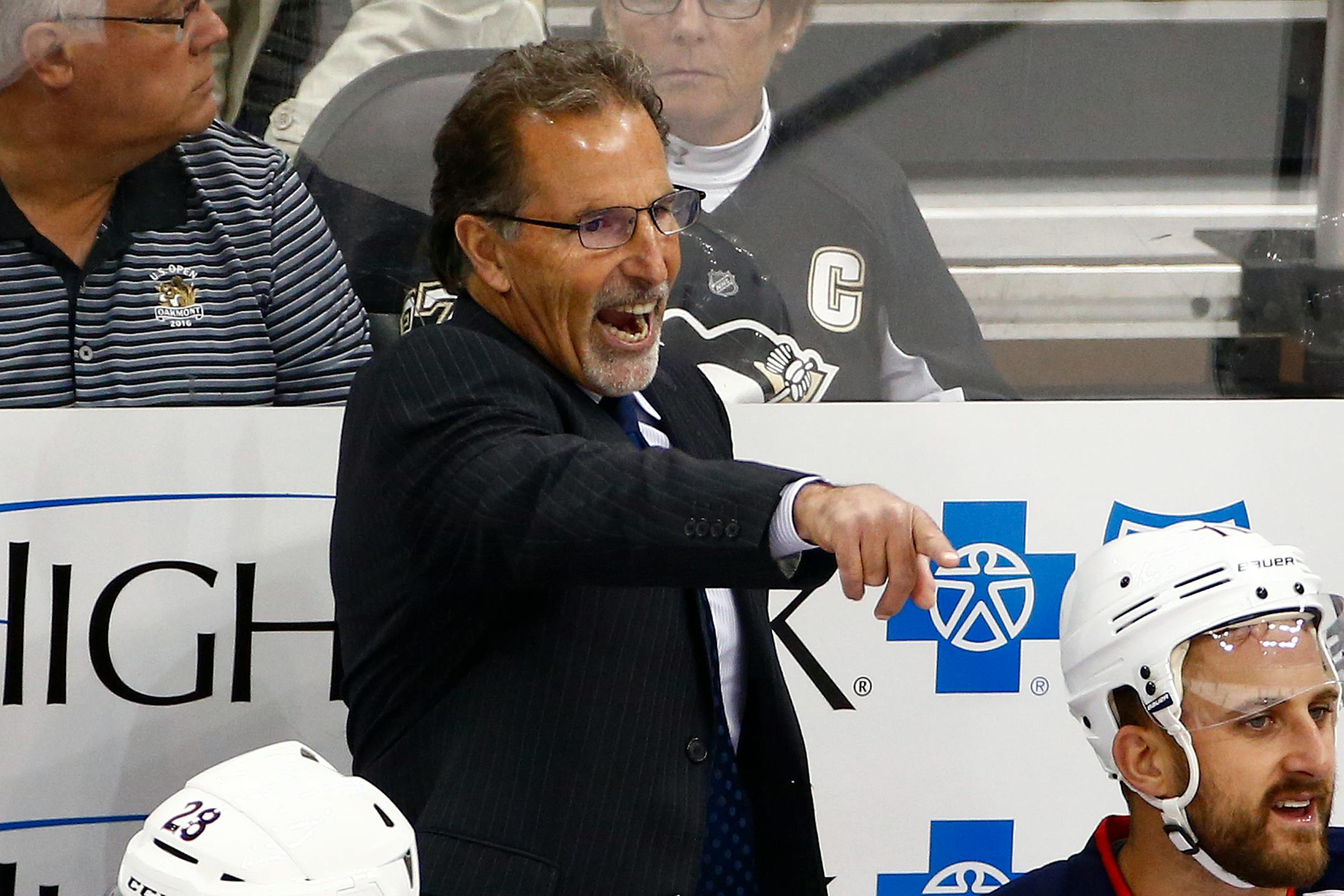 Columbus Blue Jackets head coach John Tortorella makes a point to an official during the first period of an exhibition NHL hockey game against the Pittsburgh Penguins in Pittsburgh, Saturday, Oct. 8, 2016. (AP Photo/Gene J. Puskar)
