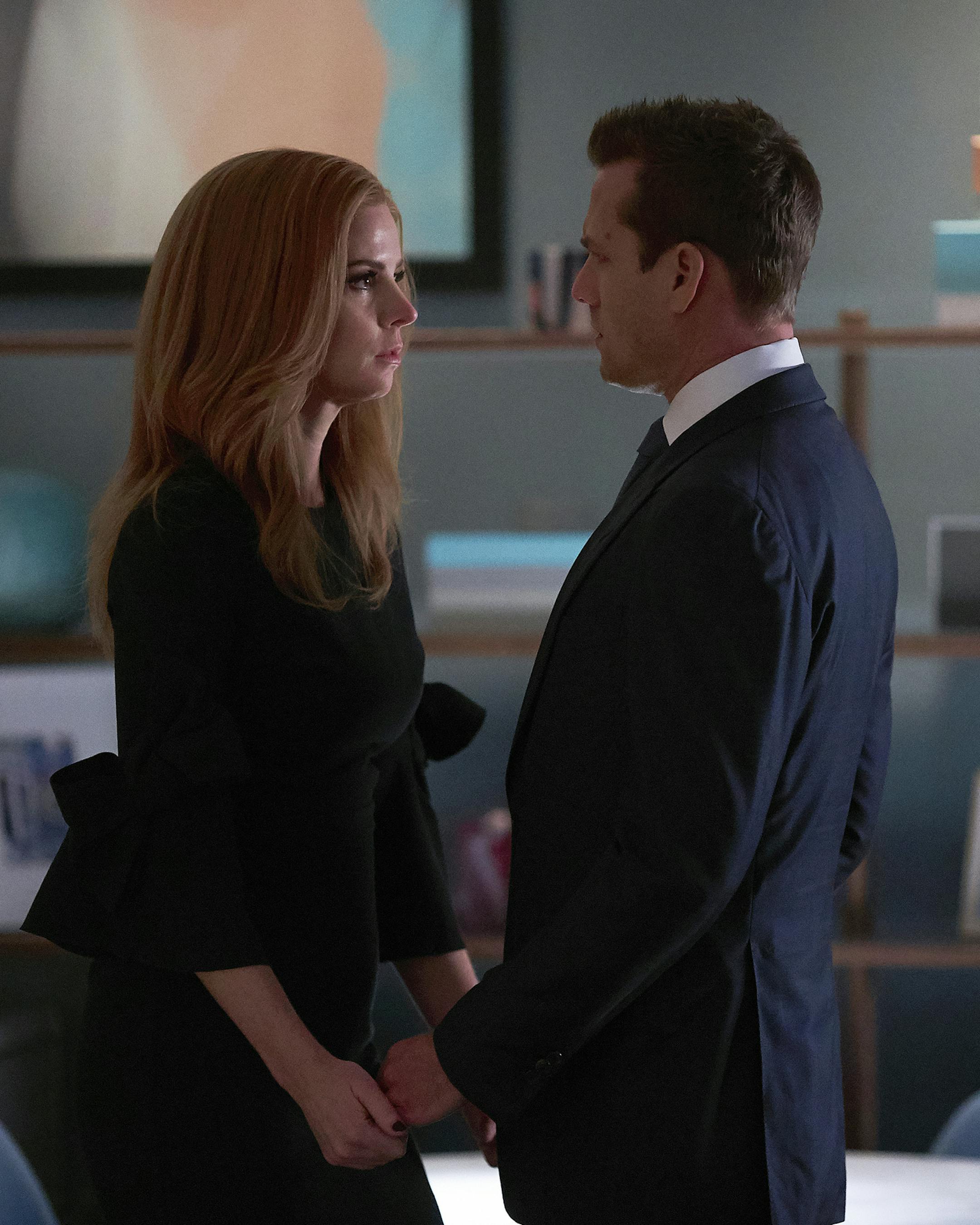 SUITS -- "Donna" Episode 710 -- Pictured: (l-r) Sarah Rafferty as Donna Paulsen, Gabriel Macht as Harvey Specter -- (Photo by: Shane Mahood/USA Network) ORG XMIT: Season:7