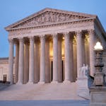 In this May 23, 2019, photo, the U.S. Supreme Court building at dusk on Capitol Hill in Washington. The Supreme Court is rejecting a challenge to fede