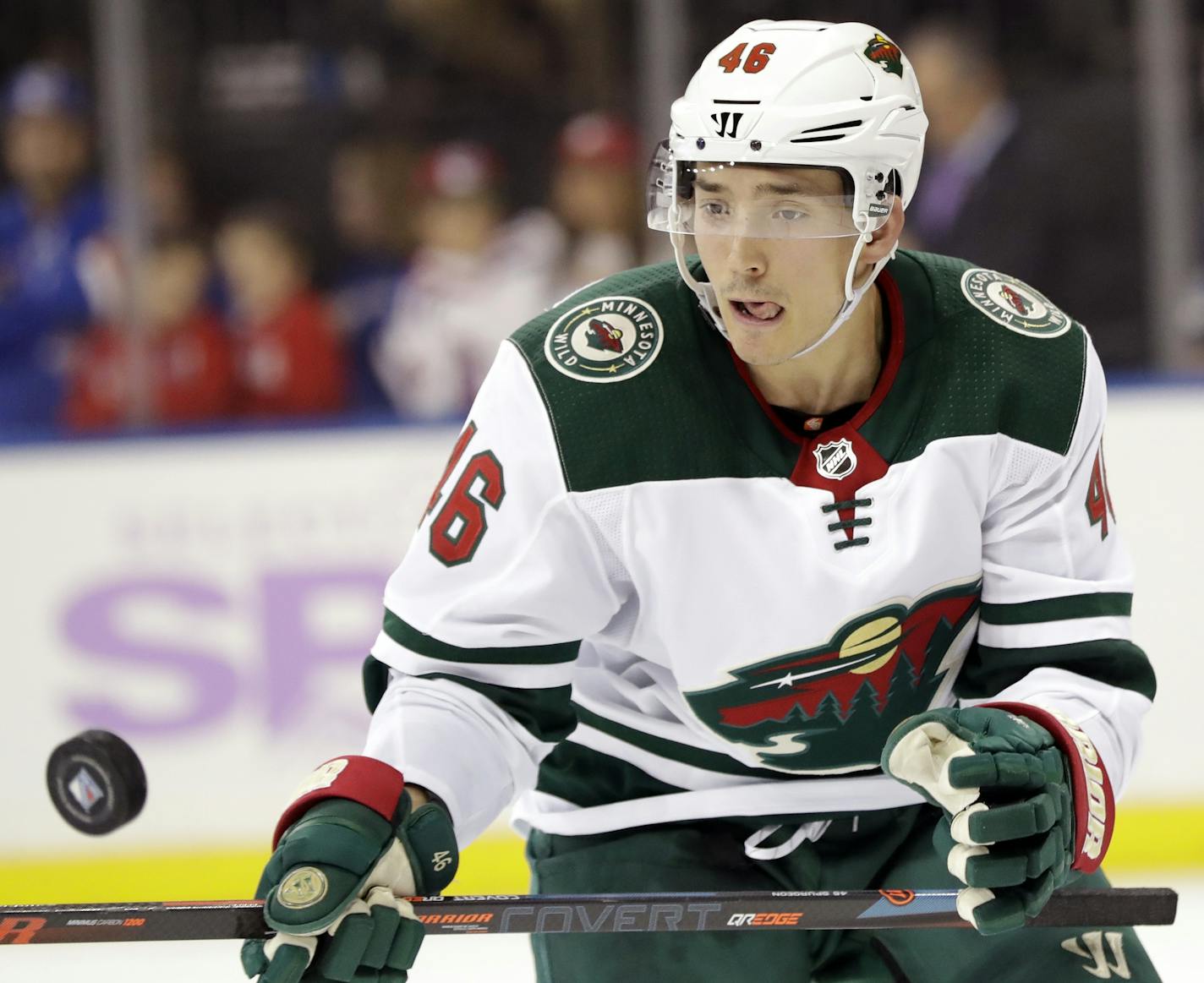 Minnesota Wild's Jared Spurgeon watches the puck during the second period of an NHL hockey game against the New York Rangers, Monday, Nov. 25, 2019, in New York. (AP Photo/Frank Franklin II)