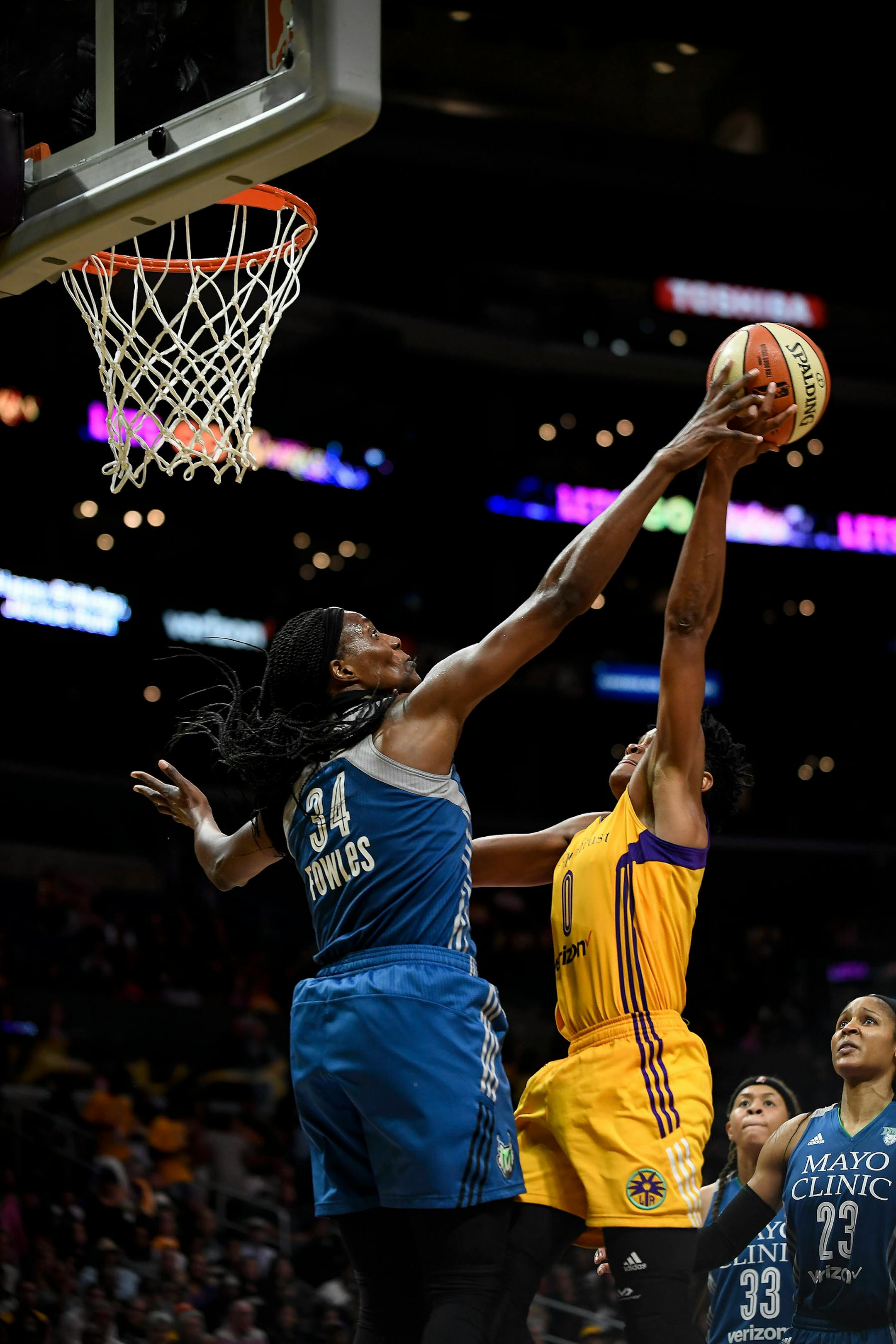 Minnesota Lynx center Sylvia Fowles (34) blocked a shot by Los Angeles Sparks guard Alana Beard (0) in the third quarter Sunday.