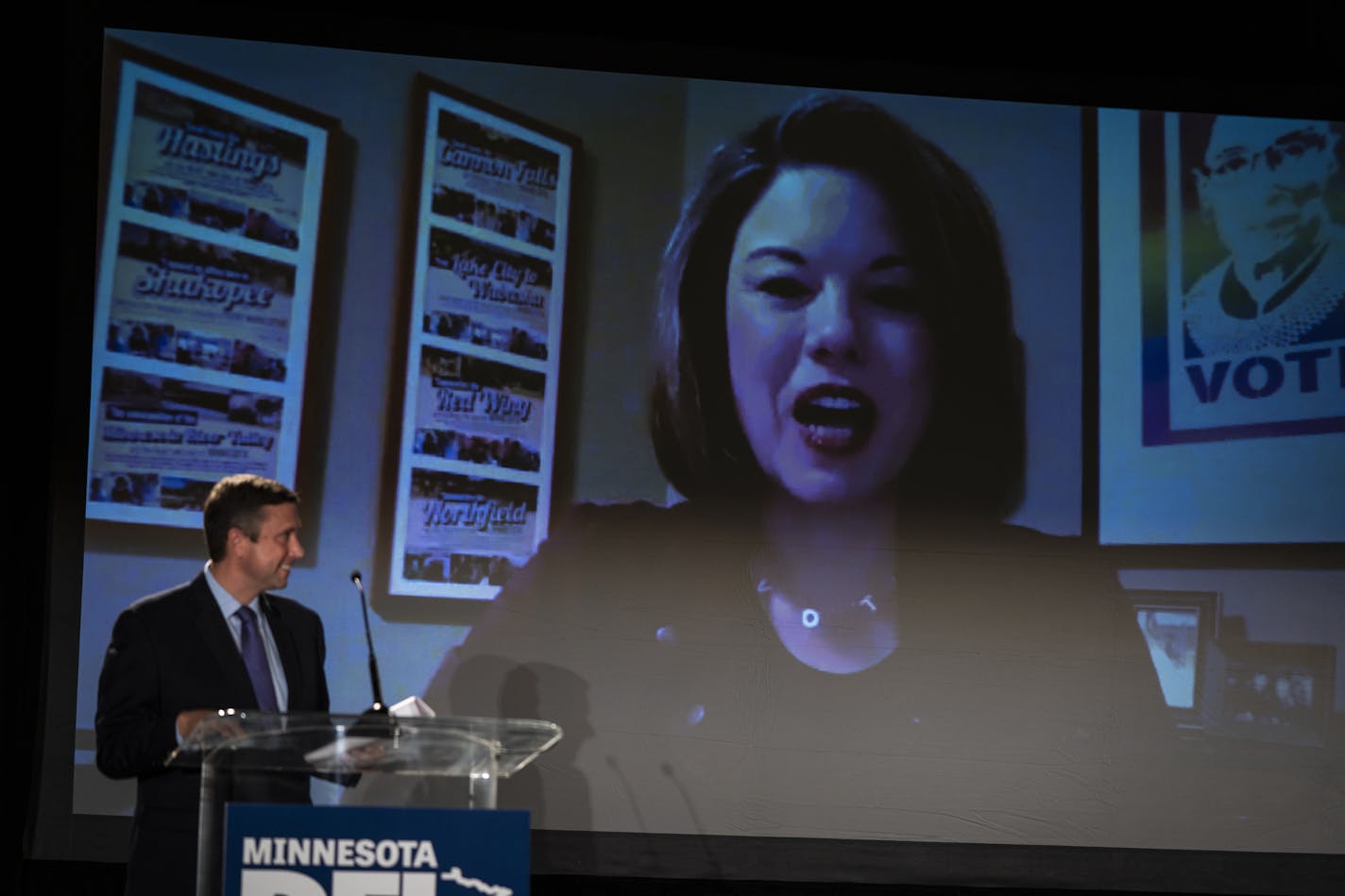 U.S. Rep. Angie Craig (D-Minn.) spoke via video as DFL Party Chairman Ken Martin introduced her during the DFL Election Night Watch Party. ] LEILA NAVIDI • leila.navidi@startribune.com BACKGROUND INFORMATION: DFL Election Night Watch Party at the Intercontinental Hotel in St. Paul on Tuesday, November 3, 2020.