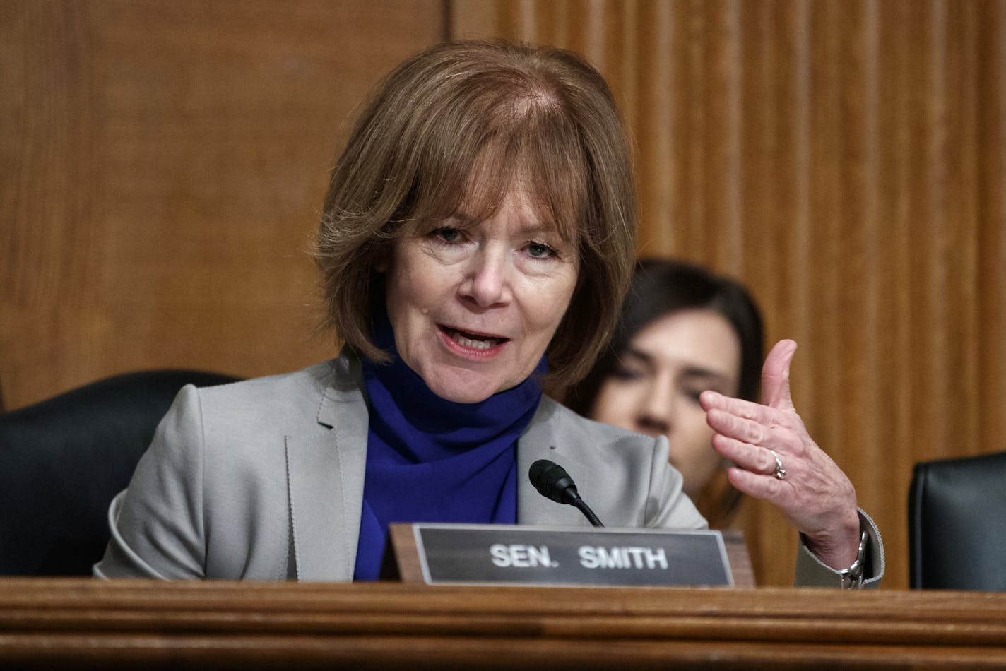 FILE - In this March 5, 2019 file photo Sen. Tina Smith, D-Minn., speaks during a Senate Committee on Health, Education, Labor, and Pensions hearing on Capitol Hill in Washington. (AP Photo/Carolyn Kaster, file)