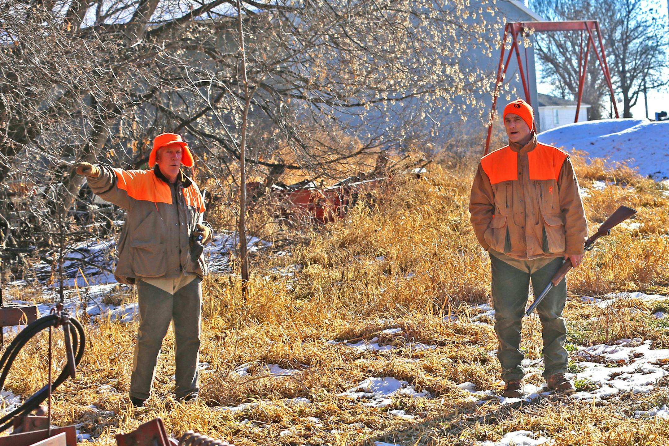 Hunting partners John Dzik and Scott Herzog of the Twin Cities area strategize about ways to walk-and-post a southern Minnesota farm grove in an attempt to roust a rabbit or two.