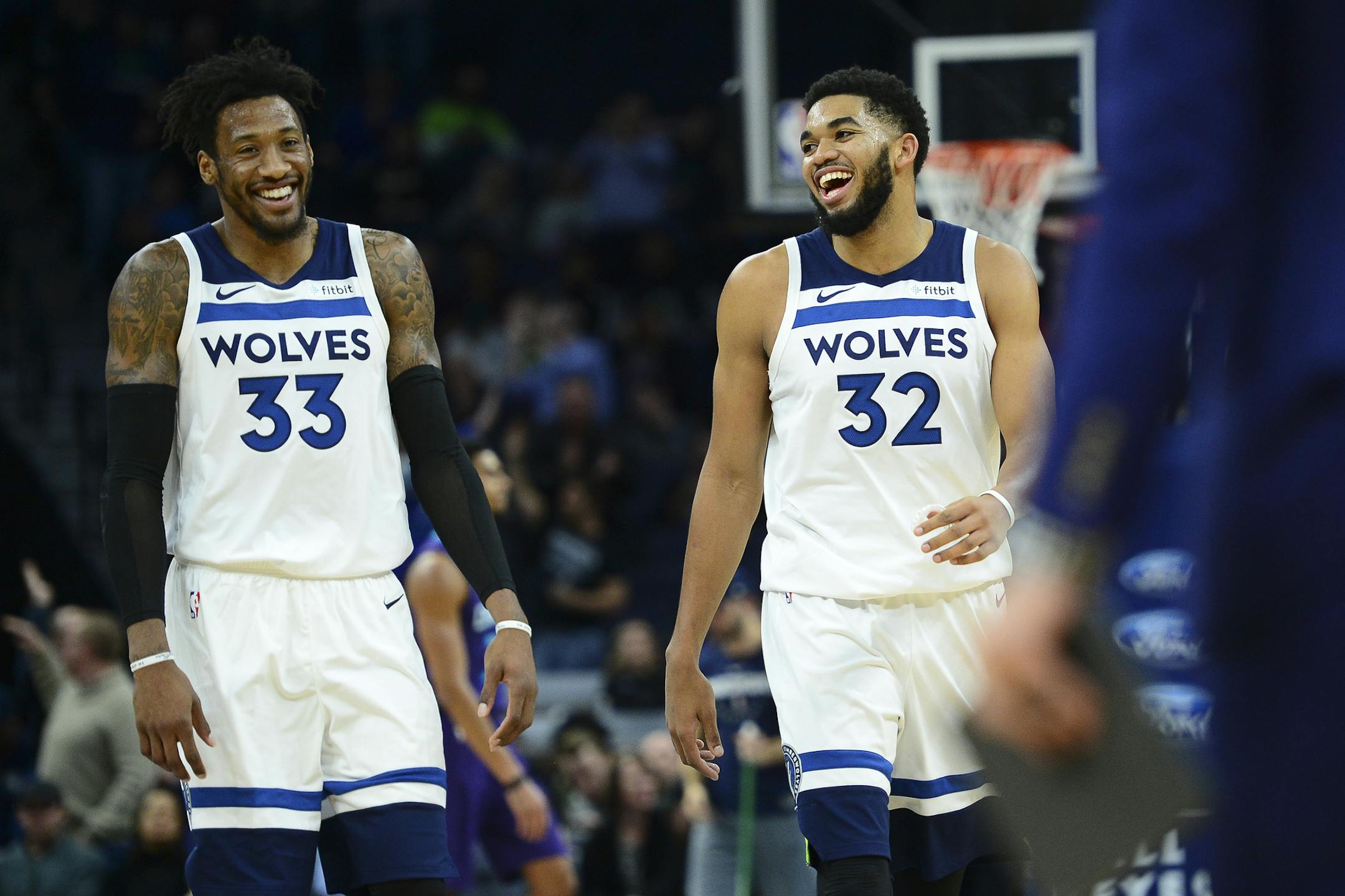 Minnesota Timberwolves forward Robert Covington (33) and Minnesota Timberwolves center Karl-Anthony Towns (32) shared a laugh during a break in the action Wednesday night. ] Aaron Lavinsky • aaron.lavinsky@startribune.com The Minnesota Timberwolves played the Charlotte Hornets on Wednesday, Dec. 5, 2018 at Target Center in Minneapolis, Minn.