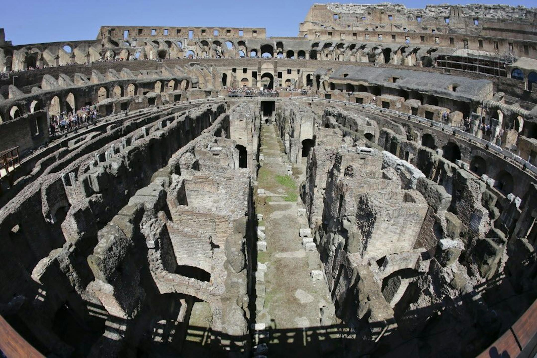 A view of the inside of the Colosseum after the first stage of the restoration work was completed in Rome, Friday, July 1st, 2016. The Colosseum has emerged more imposing than ever after its most extensive restoration, a multi-million-euro cleaning to remove a dreary, undignified patina of soot and grime from the ancient arena, assailed by pollution in traffic-clogged Rome.