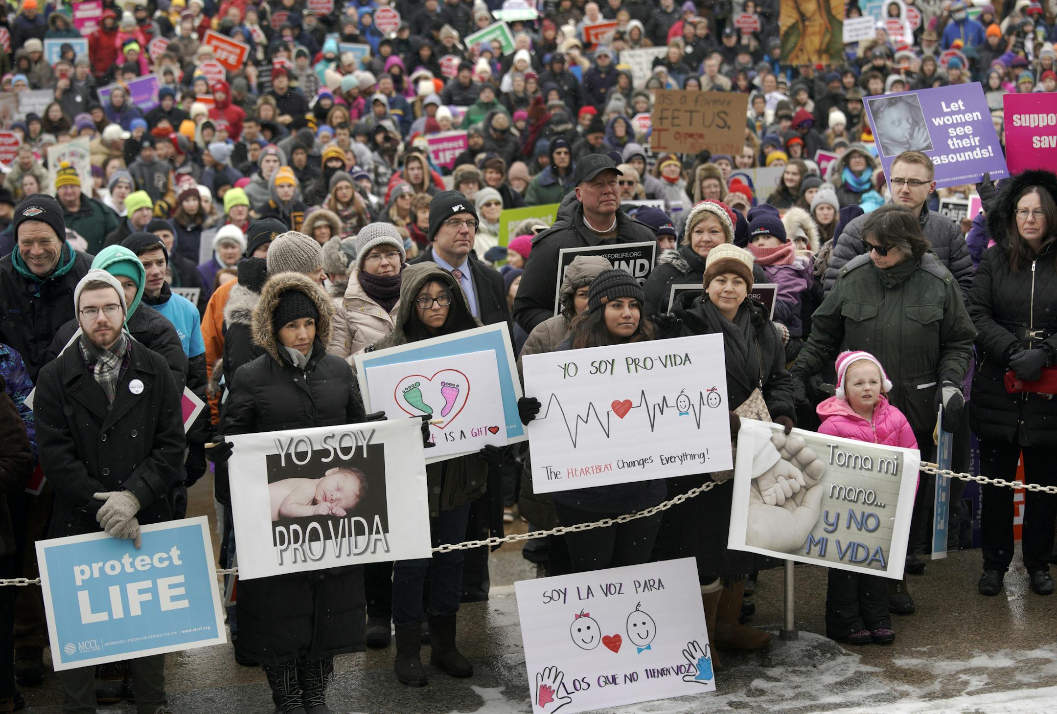 Hundreds gathered on the steps of the State Capitol Tuesday for the Minnesota Citizens Concerned for Life (MCCL) March for Life. The annual march, held on the anniversary of Roe v. Wade, comes at a high stakes time in the debate over abortion access. ]
BRIAN PETERSON ¥ brian.peterson@startribune.com
St. Paul, MN Tuesday, January 22, 2019
