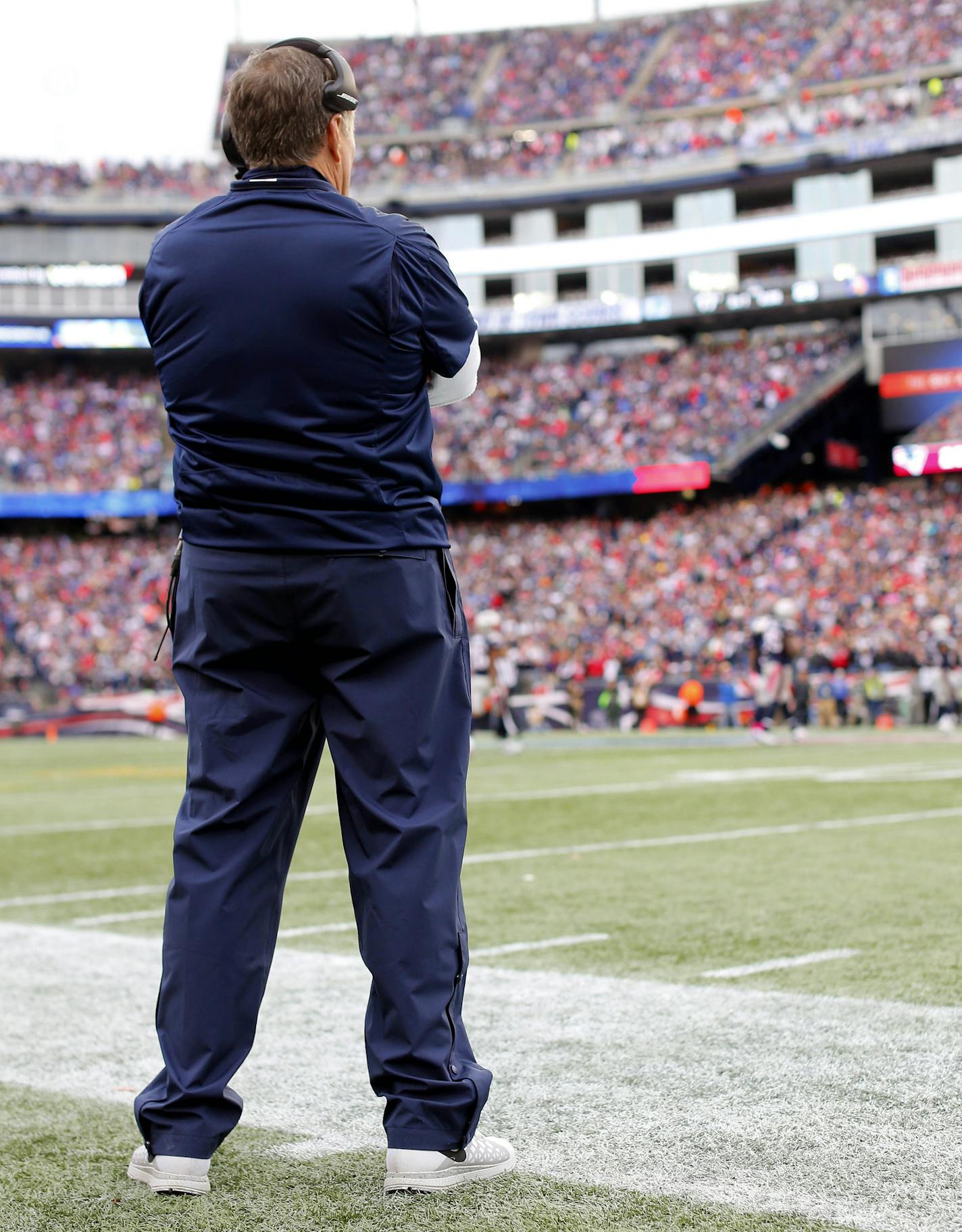 New England Patriots head coach Bill Belichick on the sidelines during a NFL football game against the New York Jets at Gillette Stadium in Foxborough, Mass. Sunday, Oct. 25, 2015. (Winslow Townson/AP Images for Panini) ORG XMIT: FBO10