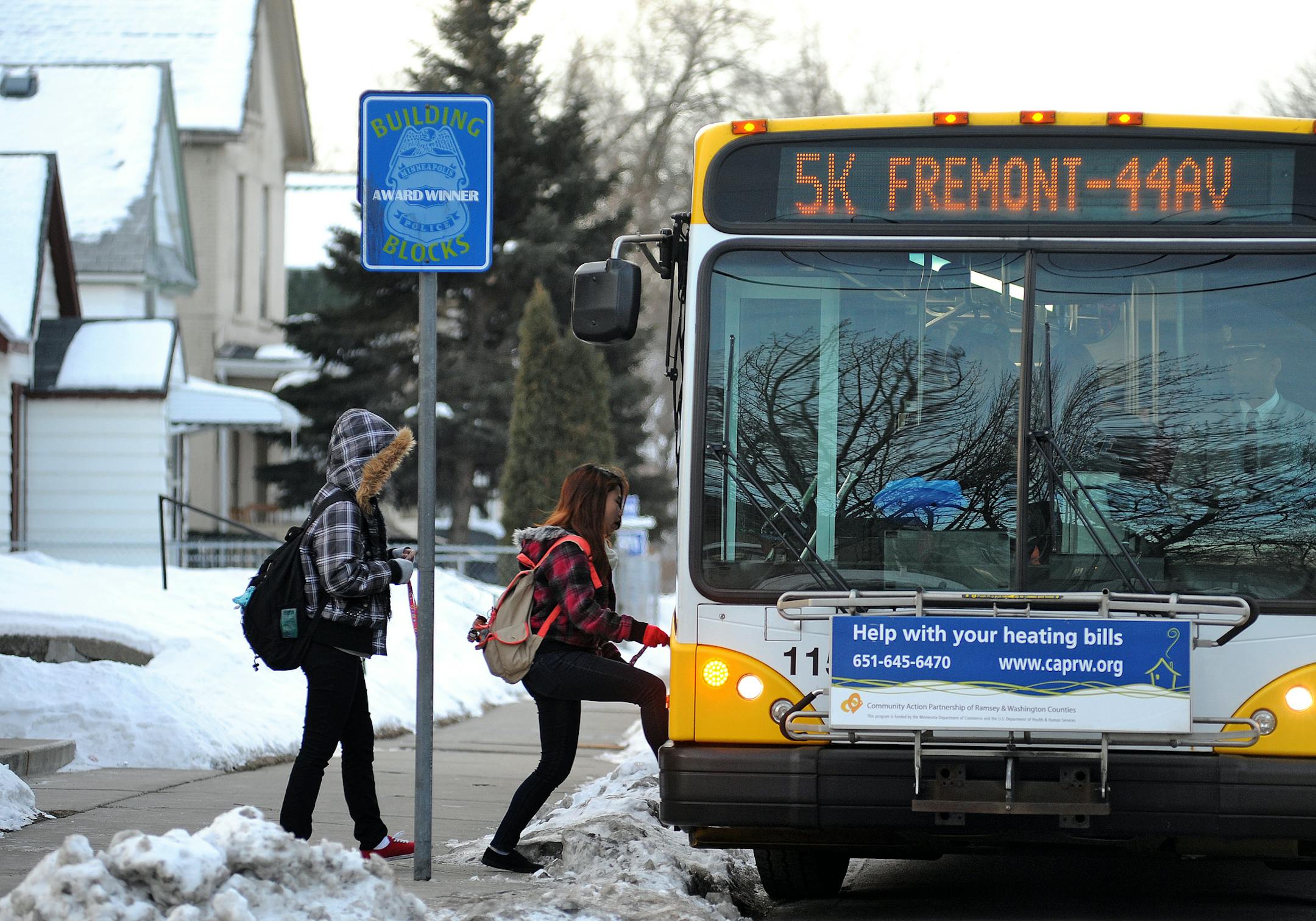 The safety of Minneapolis schools students using Metro Transit busing has been called into question because of a recent spate of violence at bus stops on the north side of Minneapolis. These students were boarding a metro bus on Emerson Ave N. ] Richard.Sennott@startribune.com Richard Sennott/Star Tribune. , Minneapolis Minn. Thursday 2/22/13) ** (cq)