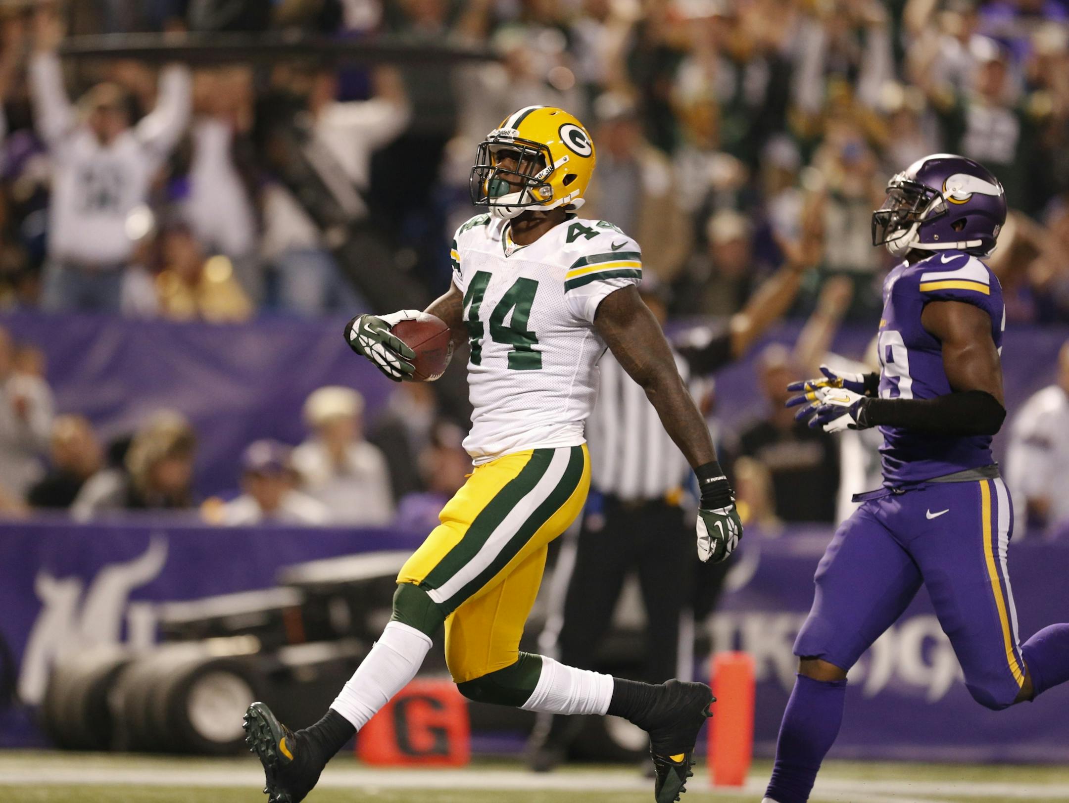 The Minnesota Vikings faced the Green Bay Packers in an NFL game Sunday night, October 27, 2013 at Mall of America Field in Minneapolis. Green Bay Packers running back James Starks (44) found a hole up the middle for 25 yards and a fourth quarter touchdown.