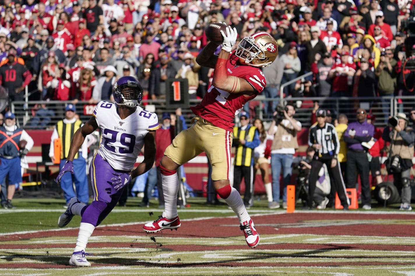 San Francisco's Kendrick Bourne caught a touchdown pass on his team's first drive Saturday against the Vikings.