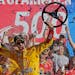 Joey Logano celebrated in Victory Lane after winning the NASCAR Sprint Cup series auto race at Charlotte Motor Speedway in Concord, N.C., on Sunday.