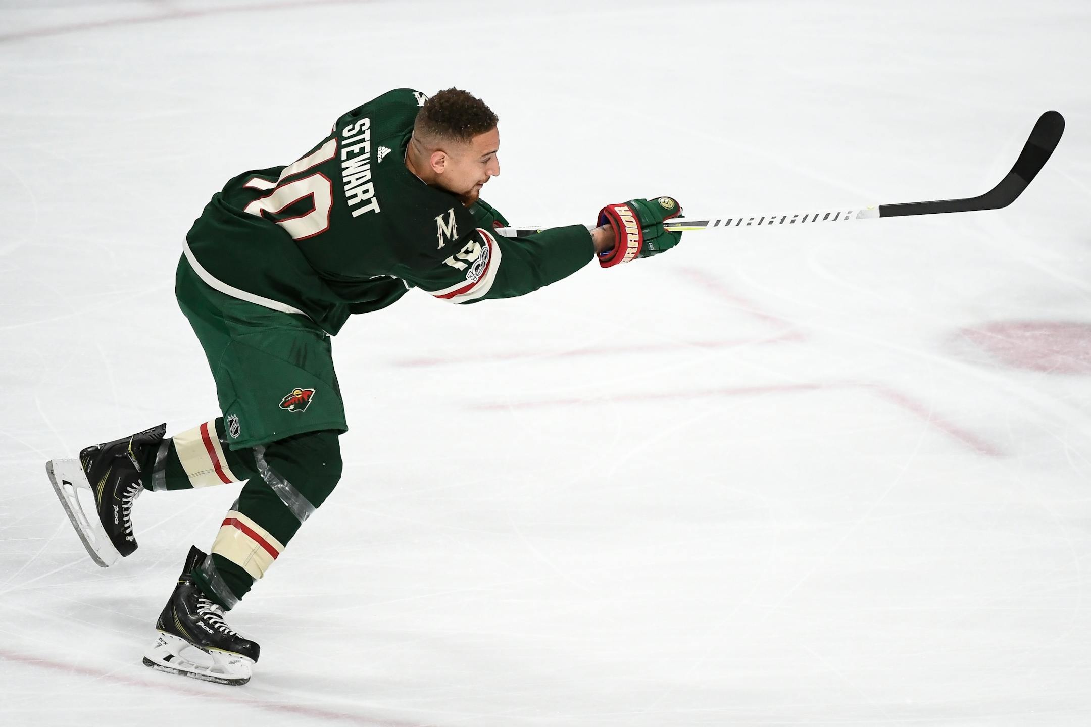 Minnesota Wild right wing Chris Stewart (10) practiced his shot before Saturday night's game against the Columbus Blue Jackets.